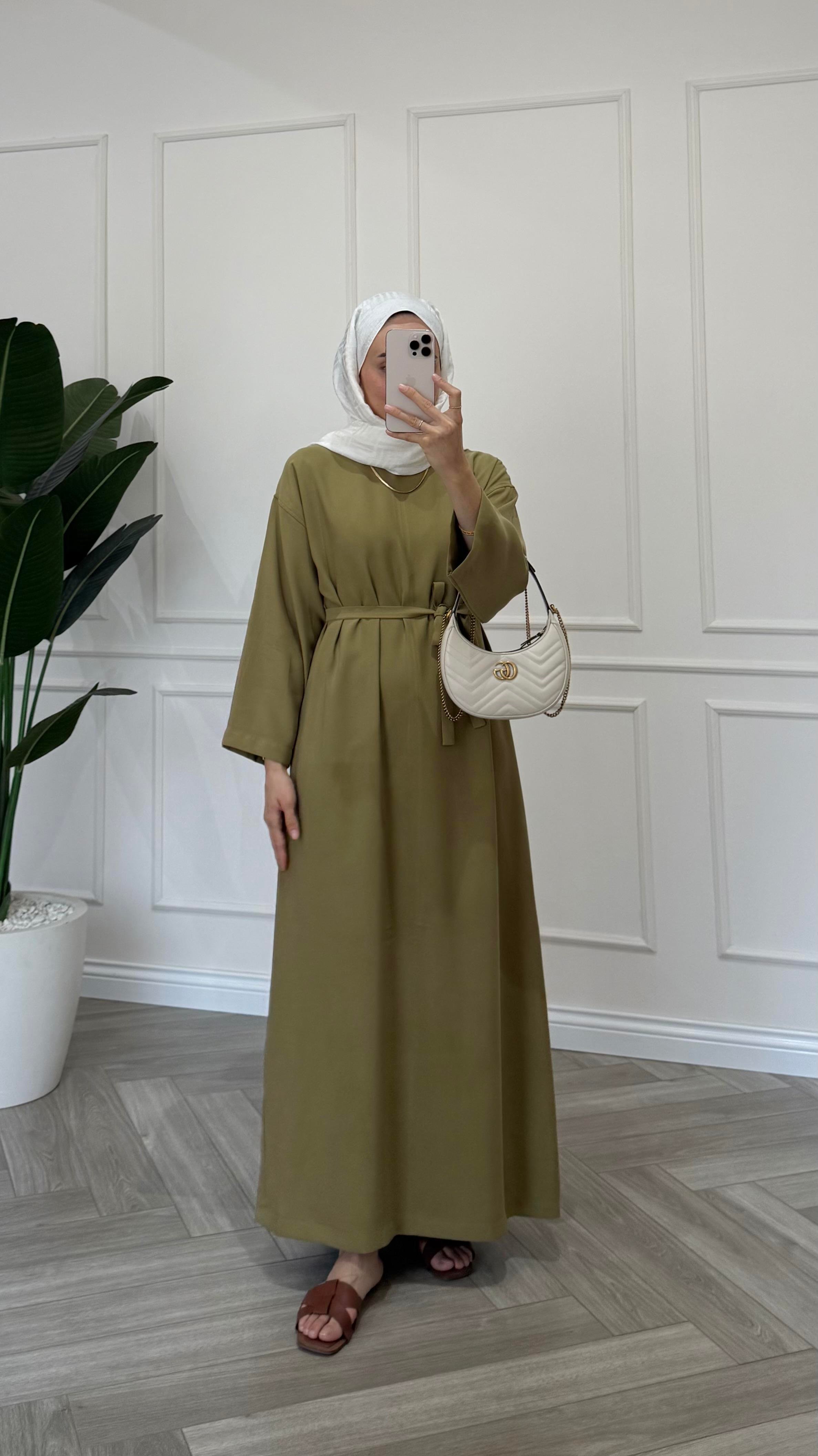 Basic Keten Elbise Yağ Yeşili