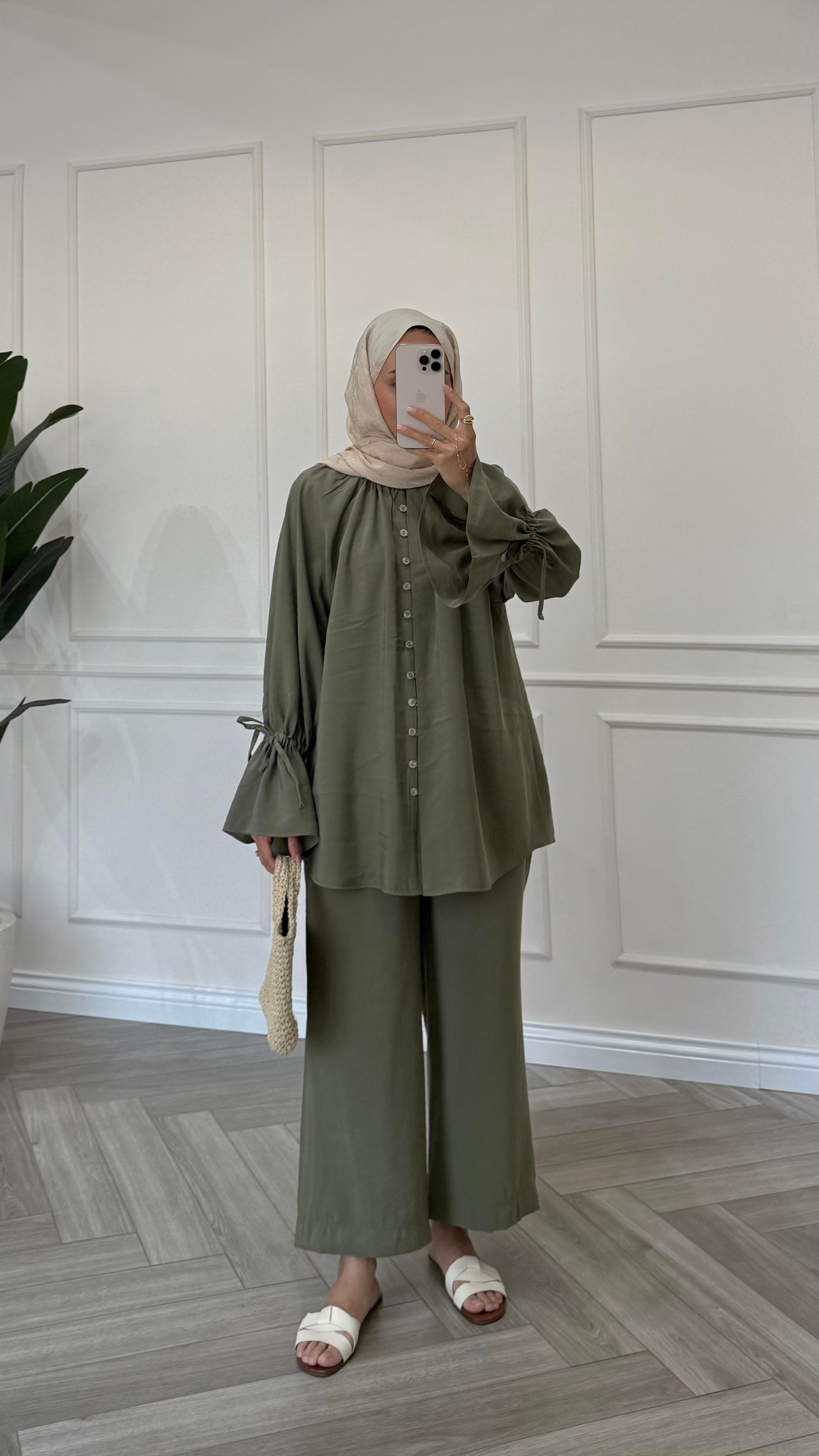 Kol Bağcıklı Premium Tencel Takım Haki