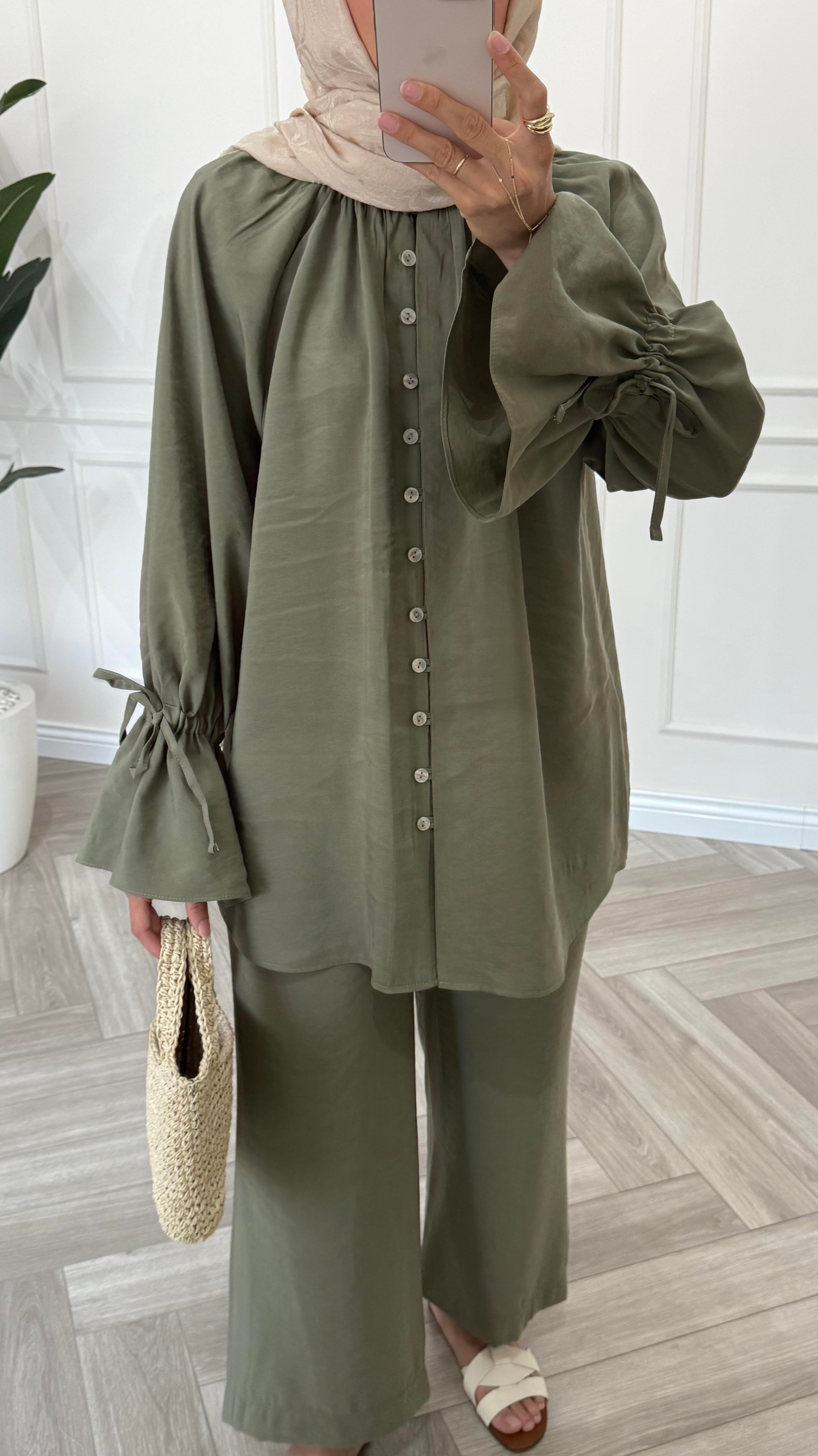 Kol Bağcıklı Premium Tencel Takım Haki