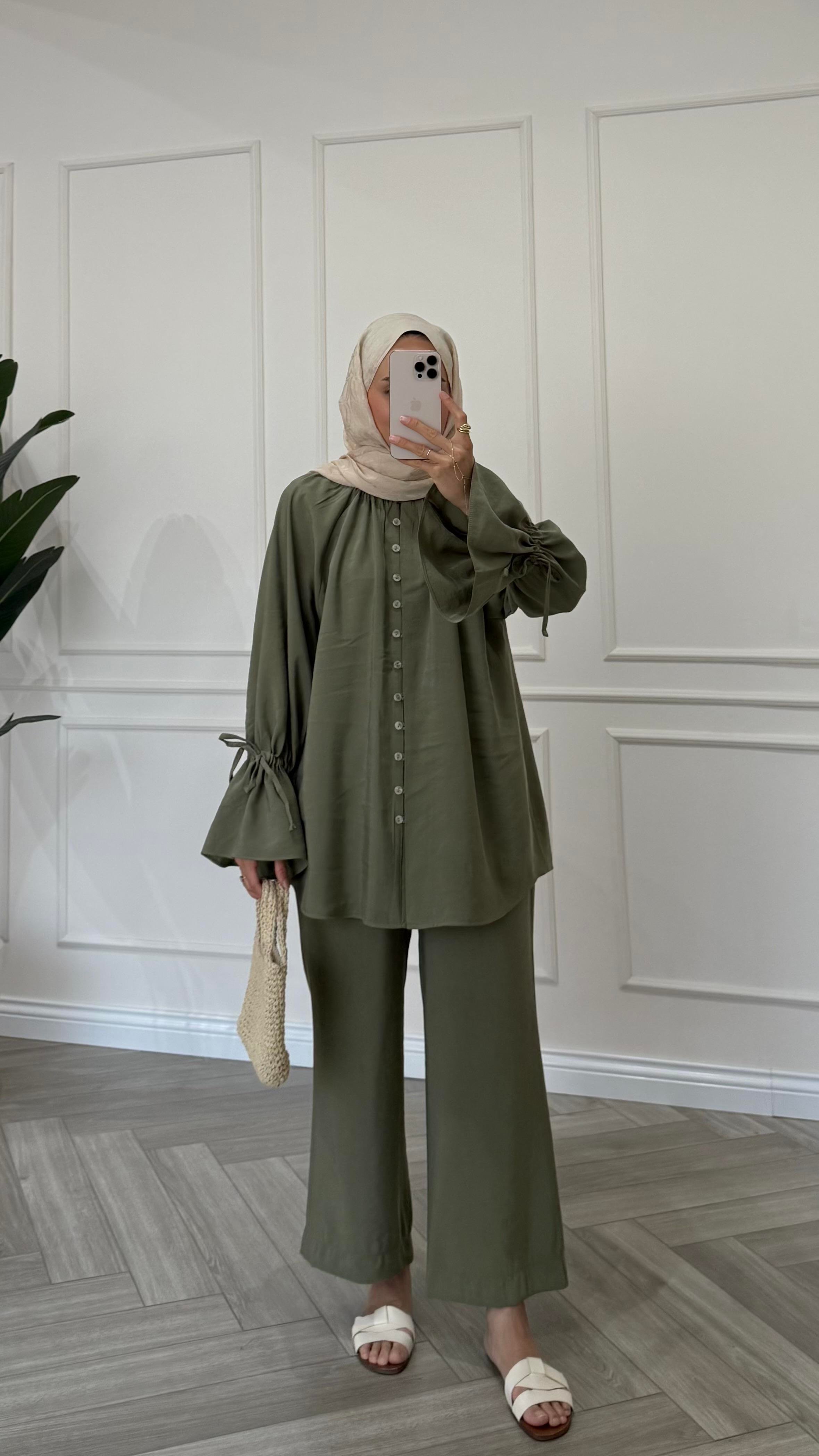 Kol Bağcıklı Premium Tencel Takım Haki