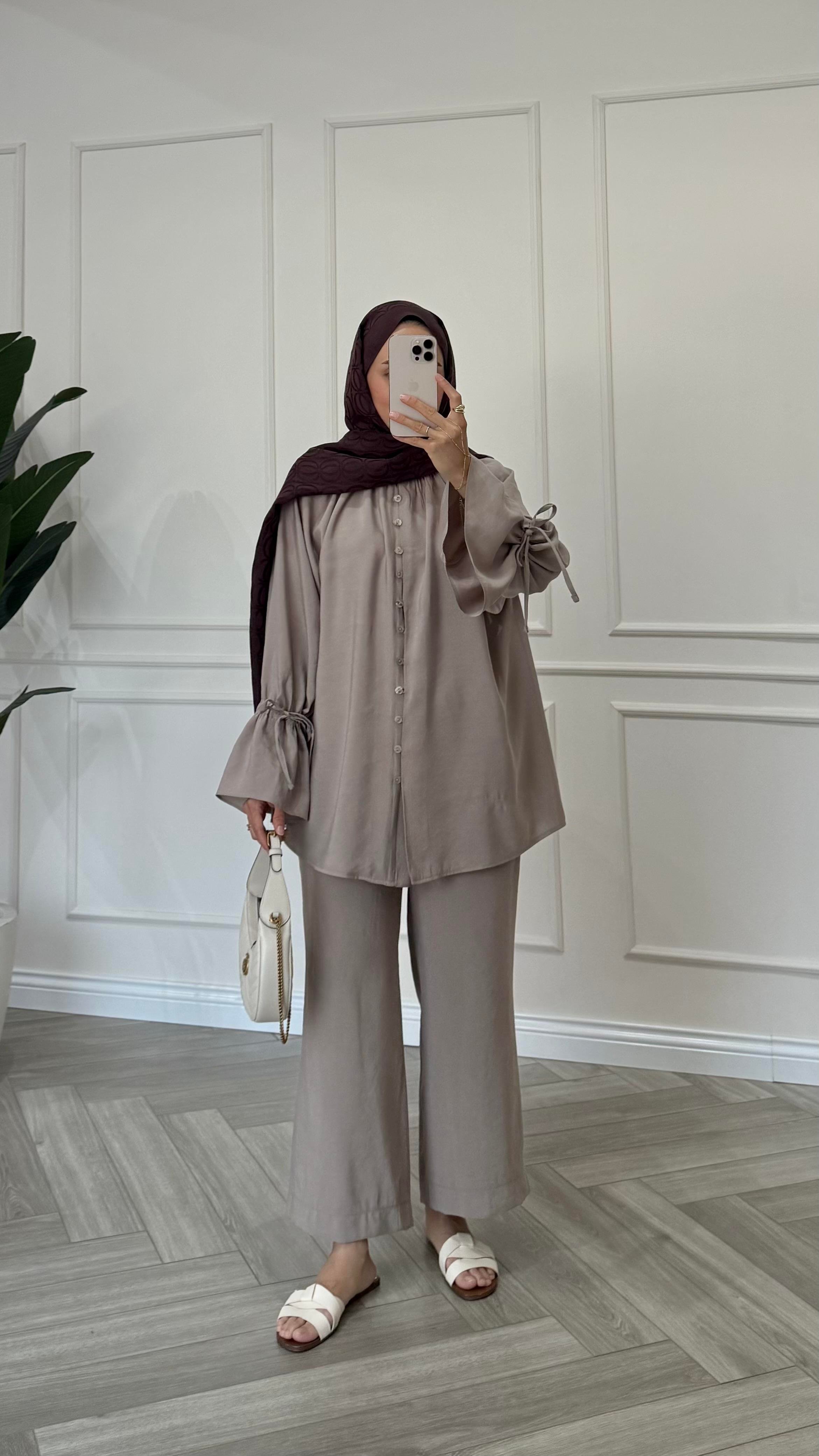 Kol Bağcıklı Premium Tencel Takım Vizon