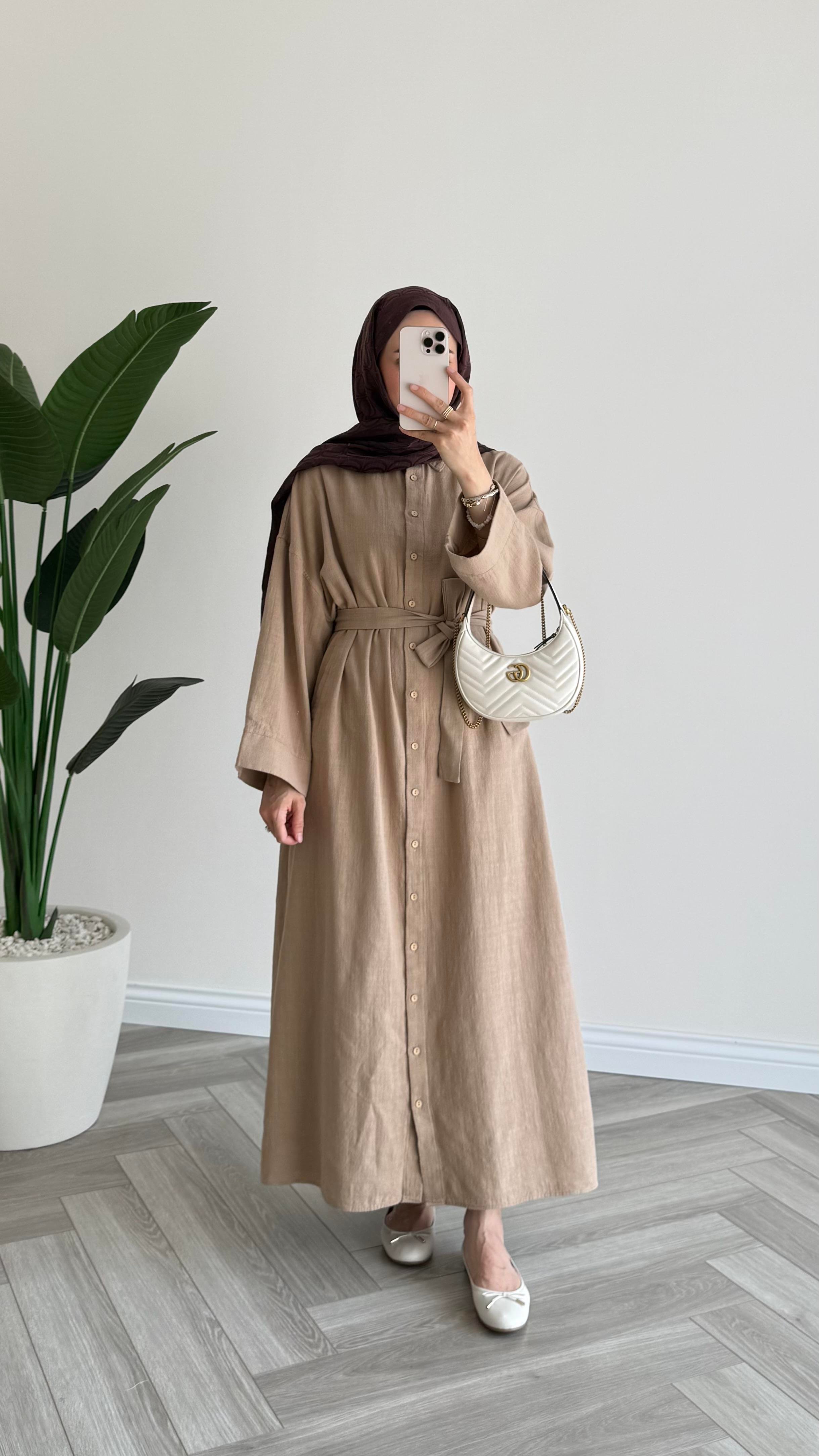 Sofia Premium Keten Elbise Camel