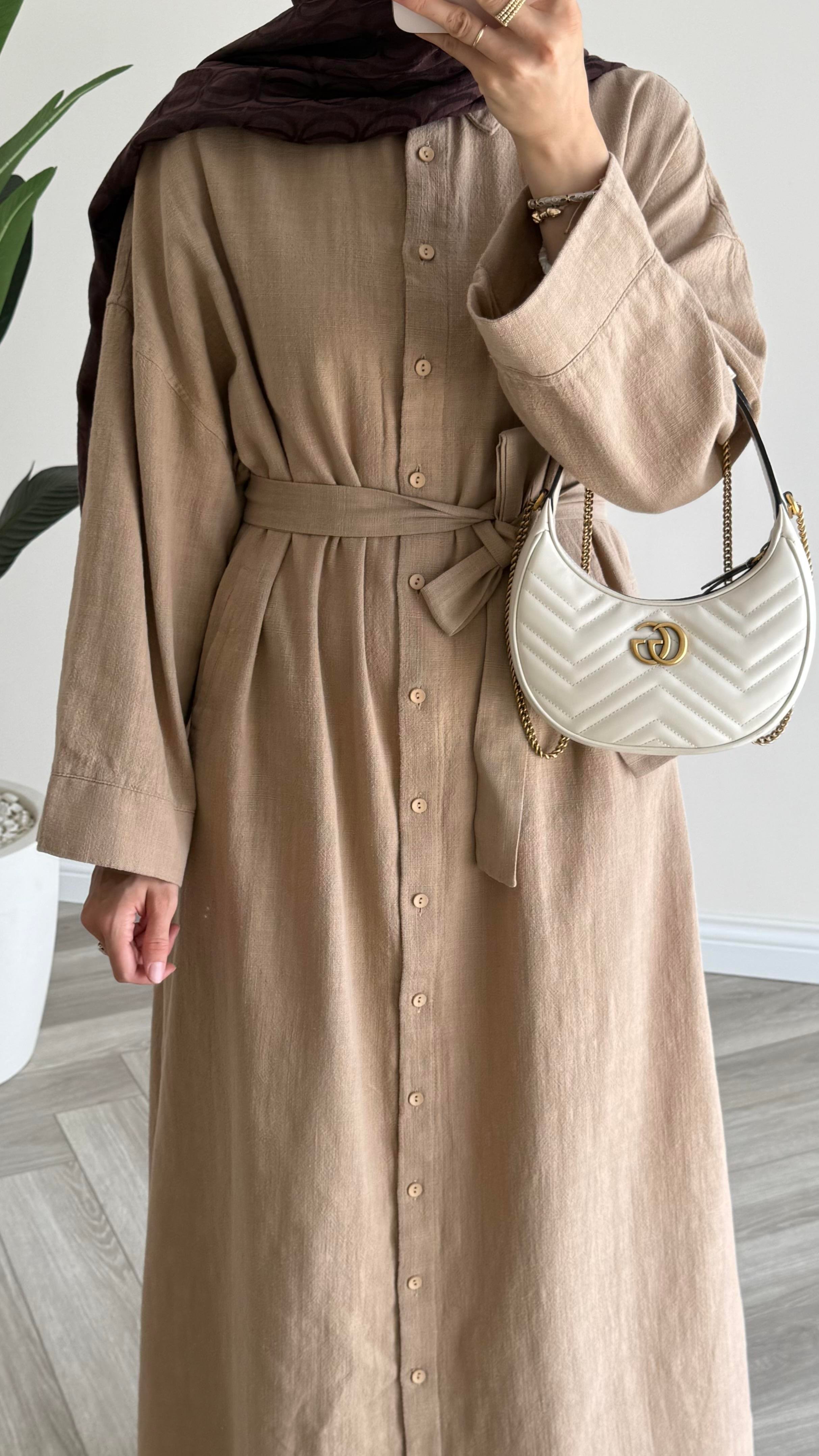 Sofia Premium Keten Elbise Camel