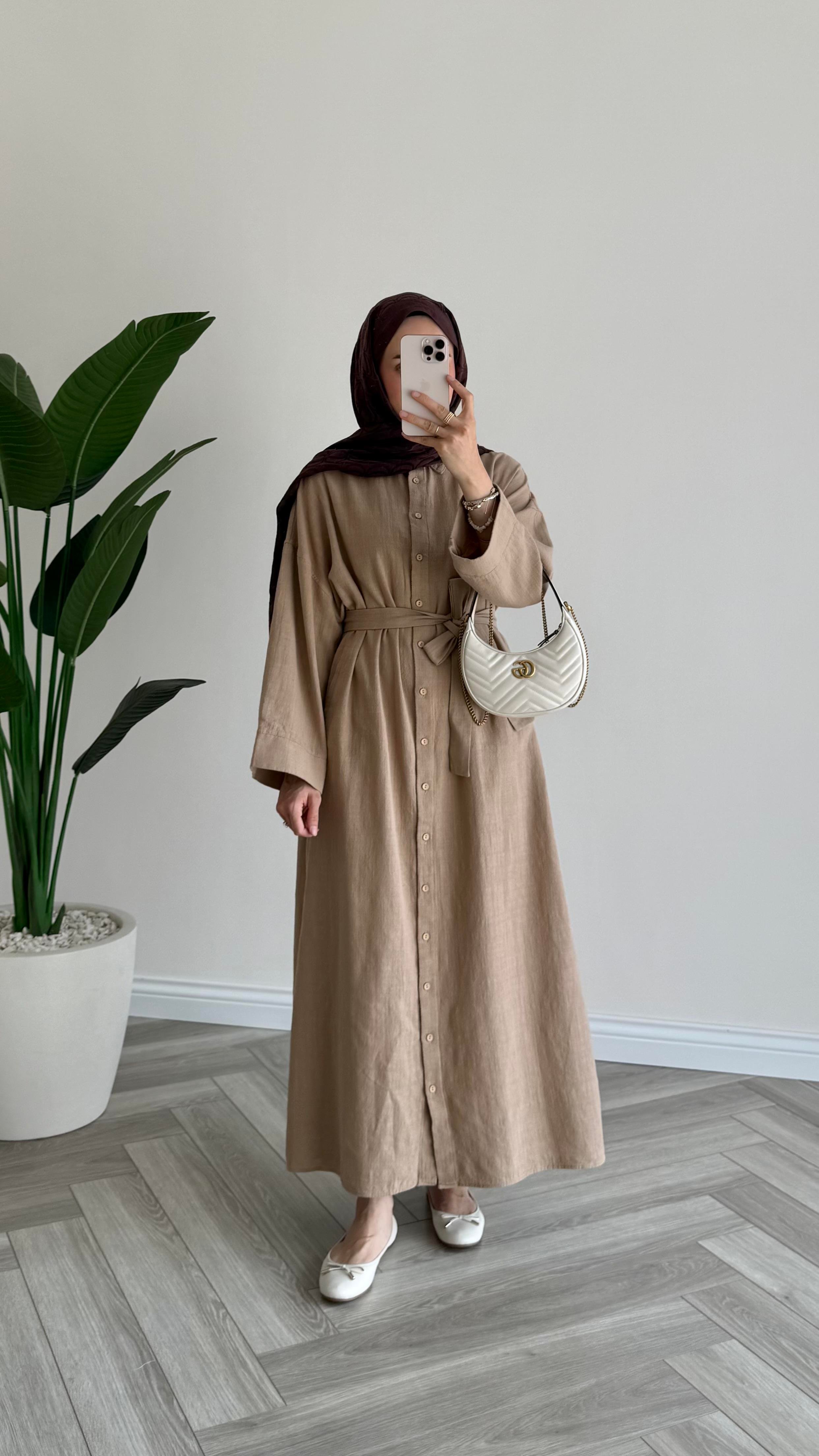 Sofia Premium Keten Elbise Camel