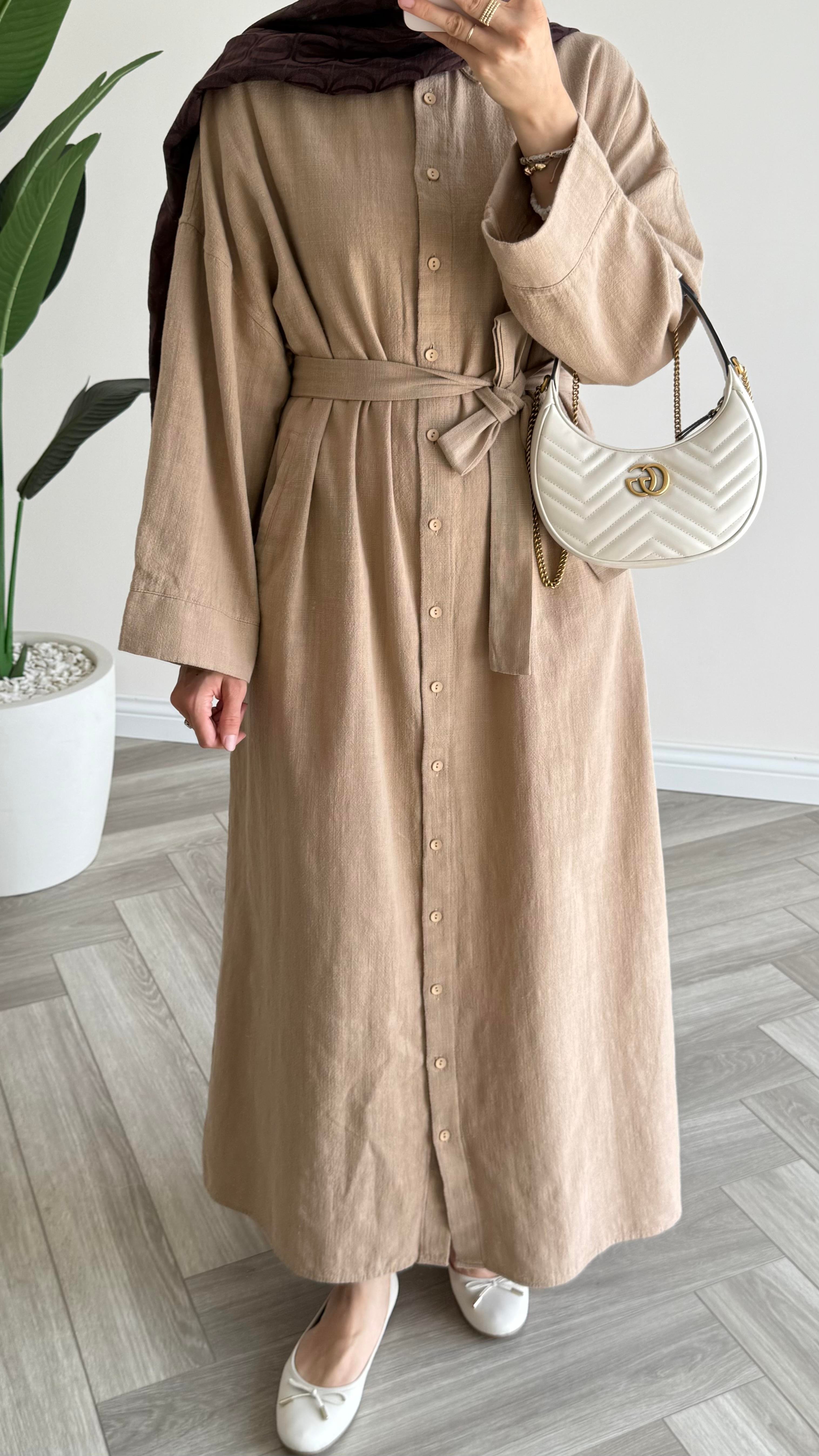 Sofia Premium Keten Elbise Camel