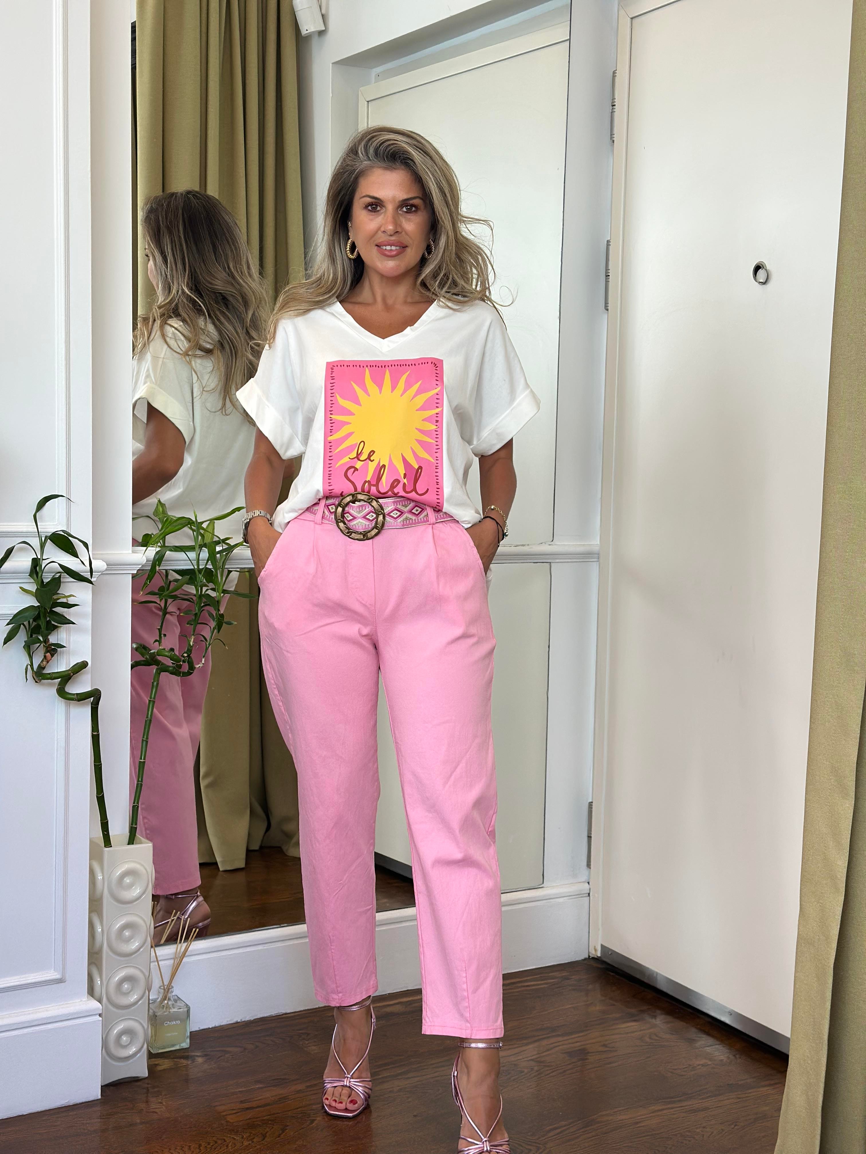 Likralı Kemerli Pantolon Pembe