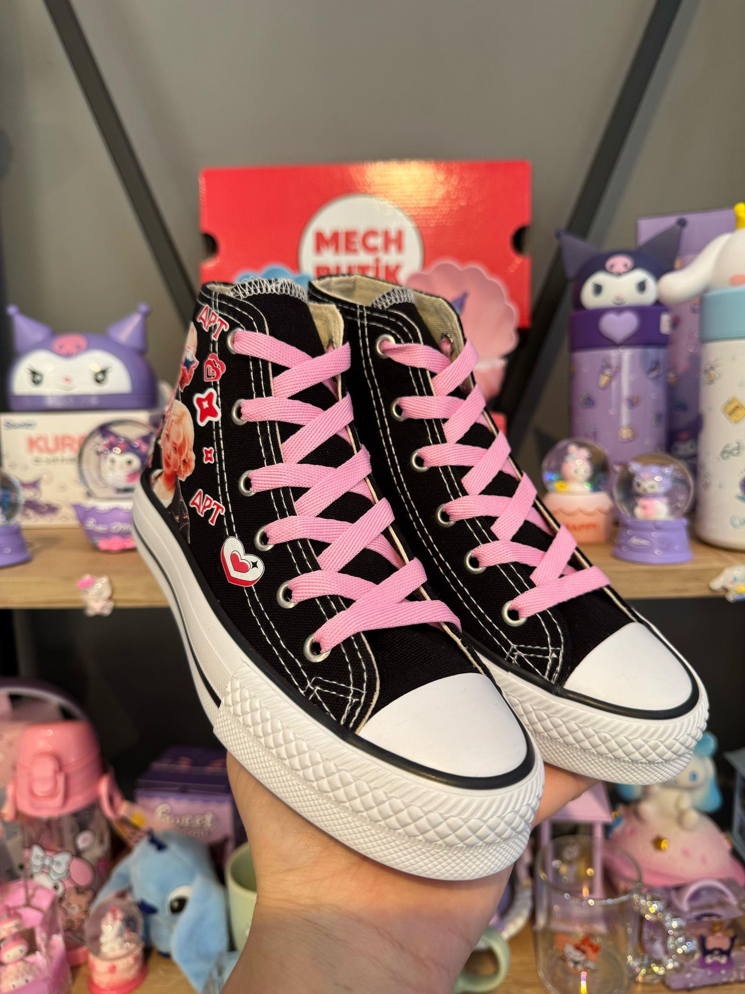  Blackpink Rose Apt Baskılı Siyah Bilekli Kız Çocuk Spor Ayakkabı Sneaker