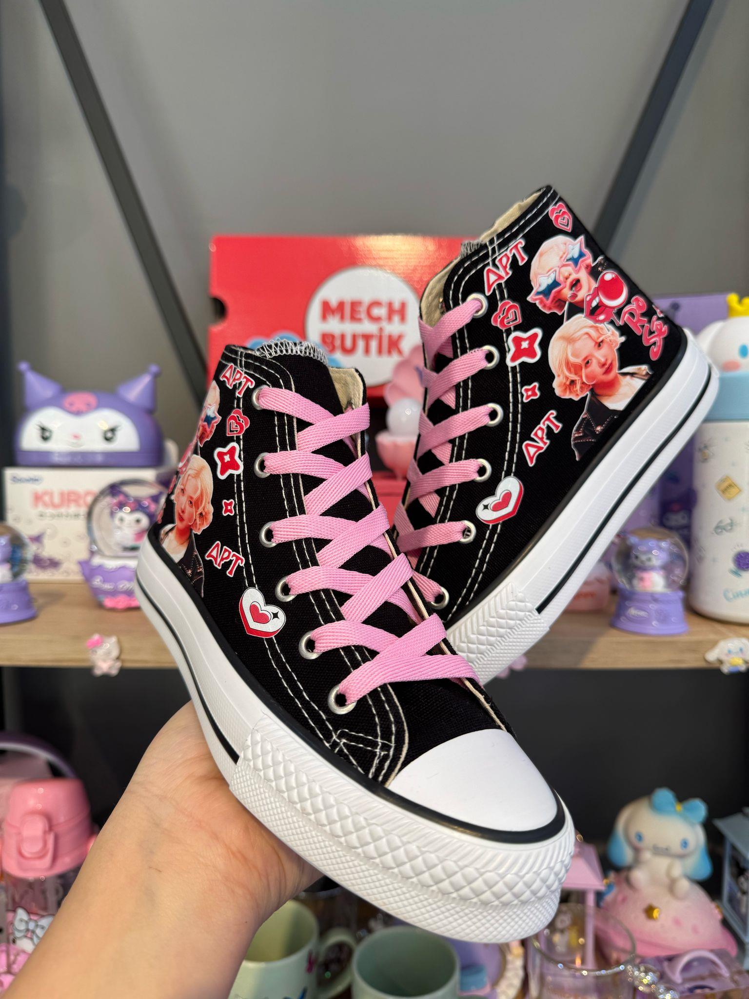  Blackpink Rose Apt Baskılı Siyah Bilekli Kız Çocuk Spor Ayakkabı Sneaker