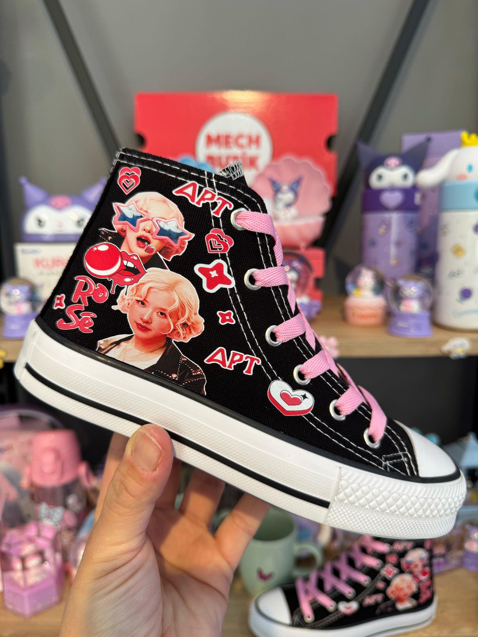 Blackpink Rose Apt Baskılı Siyah Bilekli Kız Çocuk Spor Ayakkabı Sneaker
