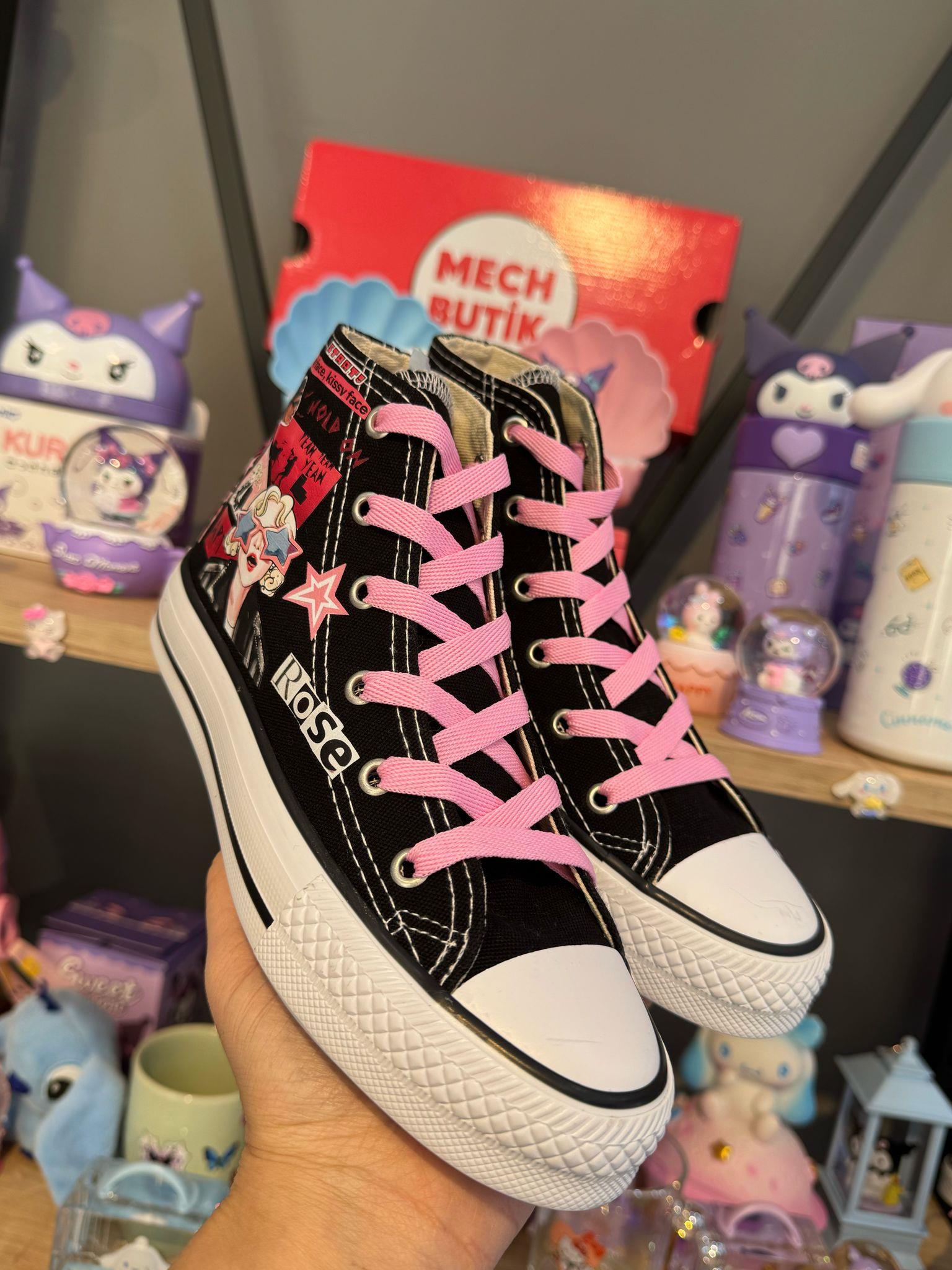  Blackpink Rose Baskılı Siyah Bilekli Kız Çocuk Spor Ayakkabı Sneaker