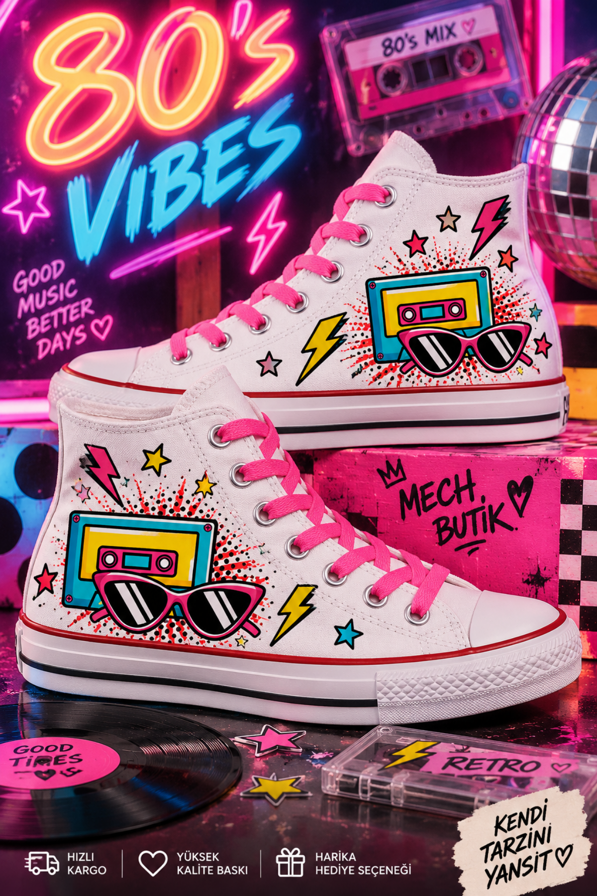 80'Ler Konseptli Beyaz Gözlük Baskılı Unisex Bilekli Convers Tarzı Spor Ayakkabı Sneaker 
