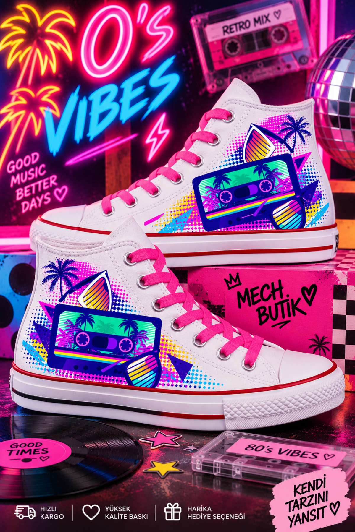 80'Ler Konseptli Beyaz Kaset Baskılı Unisex Bilekli Convers Tarzı Spor Ayakkabı Sneaker 
