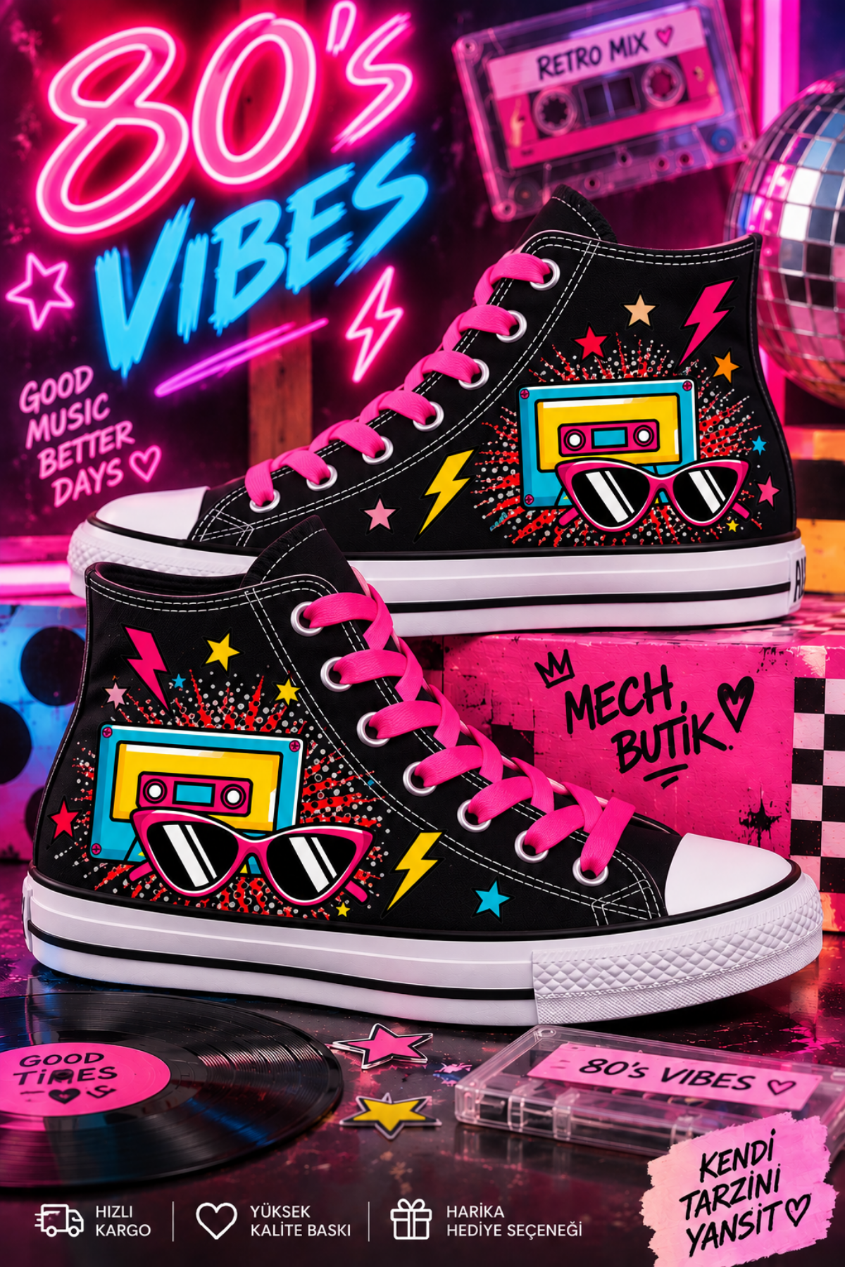 80'Ler Konseptli Siyah Gözlük Baskılı Unisex Bilekli Convers Tarzı Spor Ayakkabı Sneaker 