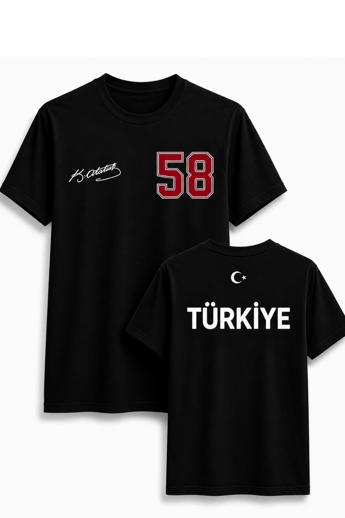 Atatürk İmzalı Türkiye Milli Takım Ve 58 Numara Baskılı Siyah Tişört Unisex Tshirt