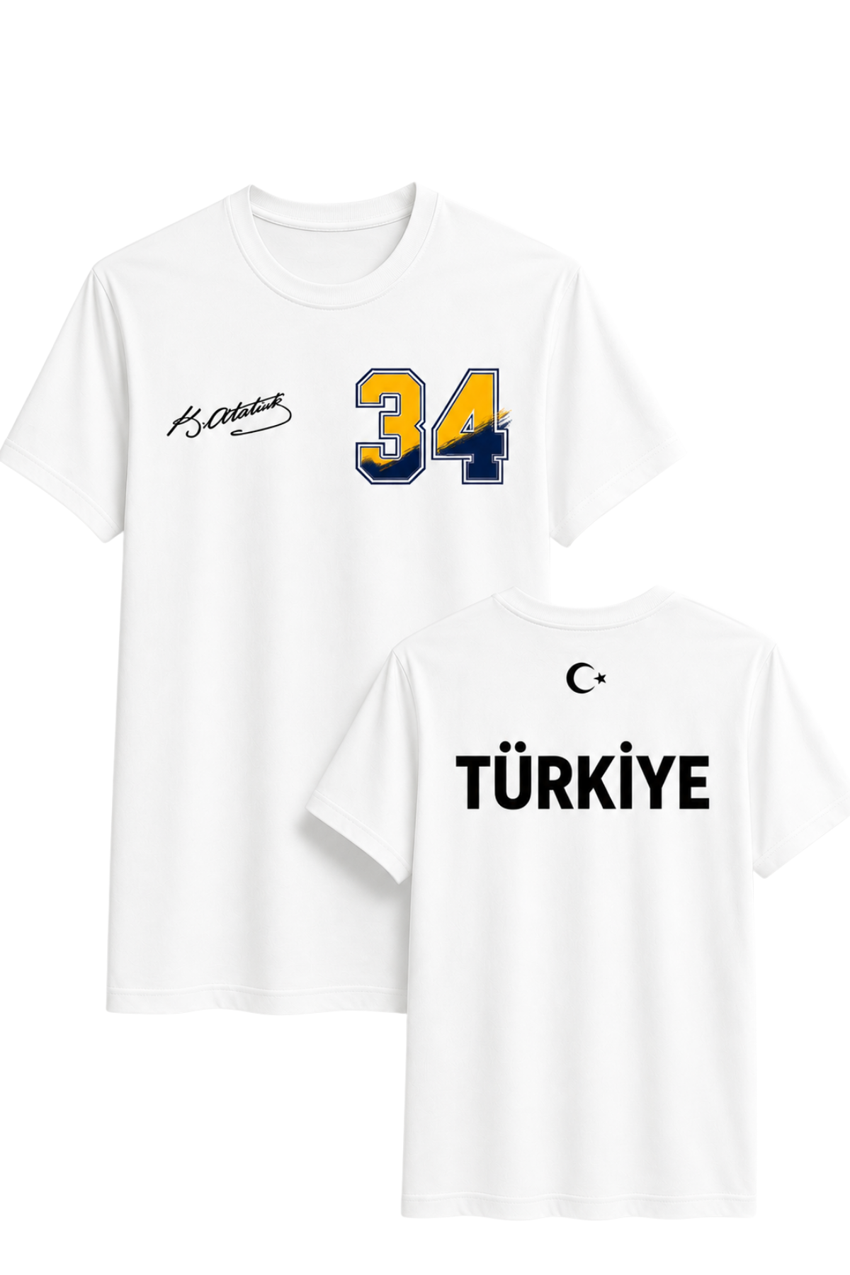 Atatürk İmzalı Türkiye Milli Takım Ve 34(sarı-lacivert) Numara Baskılı Beyaz Tişört Unisex Tshirt
