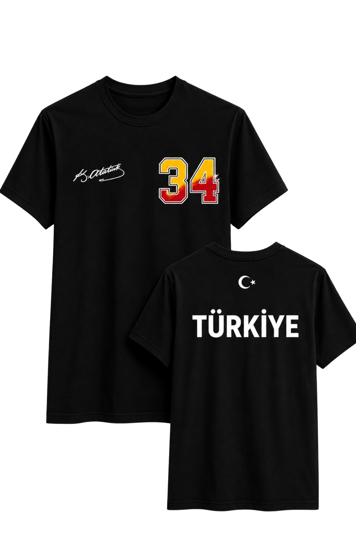 Atatürk İmzalı Türkiye Milli Takım Ve 34(sarı-kırmızı) Numara Baskılı Siyah  Tişört Unisex Tshirt