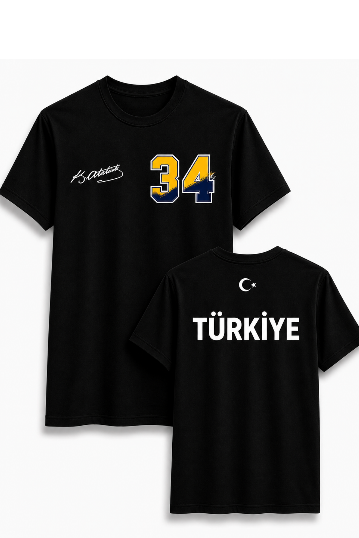 Atatürk İmzalı Türkiye Milli Takım Ve 34(sarı-lacivert) Numara Baskılı Siyah  Tişört Unisex Tshirt