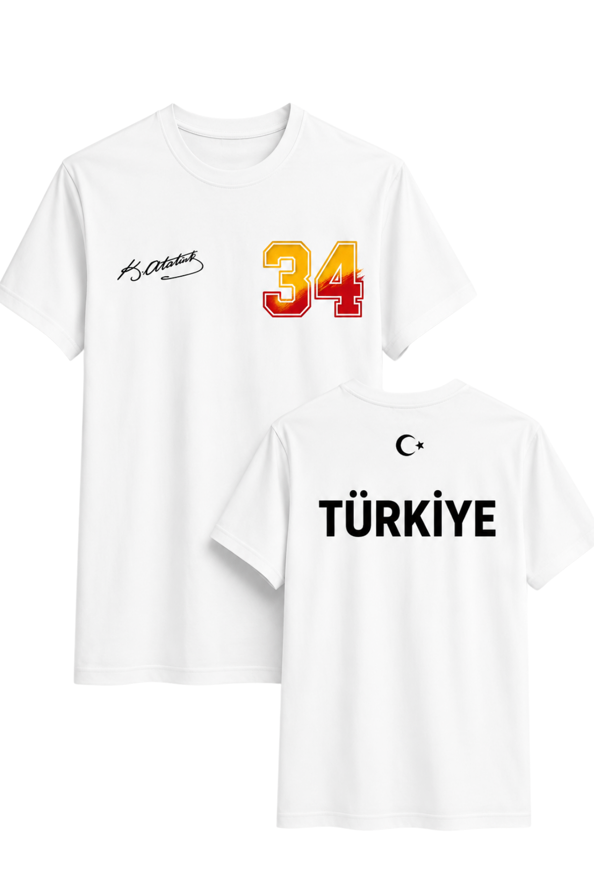 Atatürk İmzalı Türkiye Milli Takım Ve 34(sarı-kırmızı) Numara Baskılı Beyaz  Tişört Unisex Tshirt