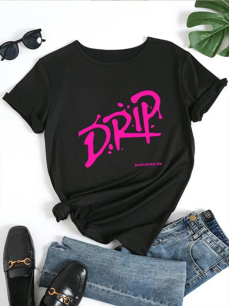 BabyMonster Drip Pembe Yazı Baskılı Siyah Tam Kalıp Tişört T-shirt