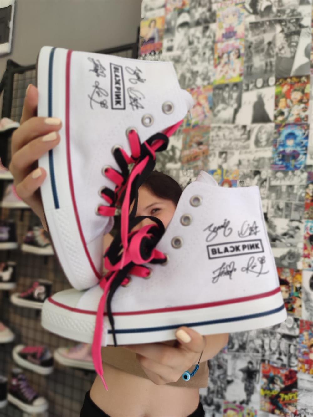 BlackPink Baskılı Beyaz Bağcıklı Bilekli Spor Ayakkabı Sneaker