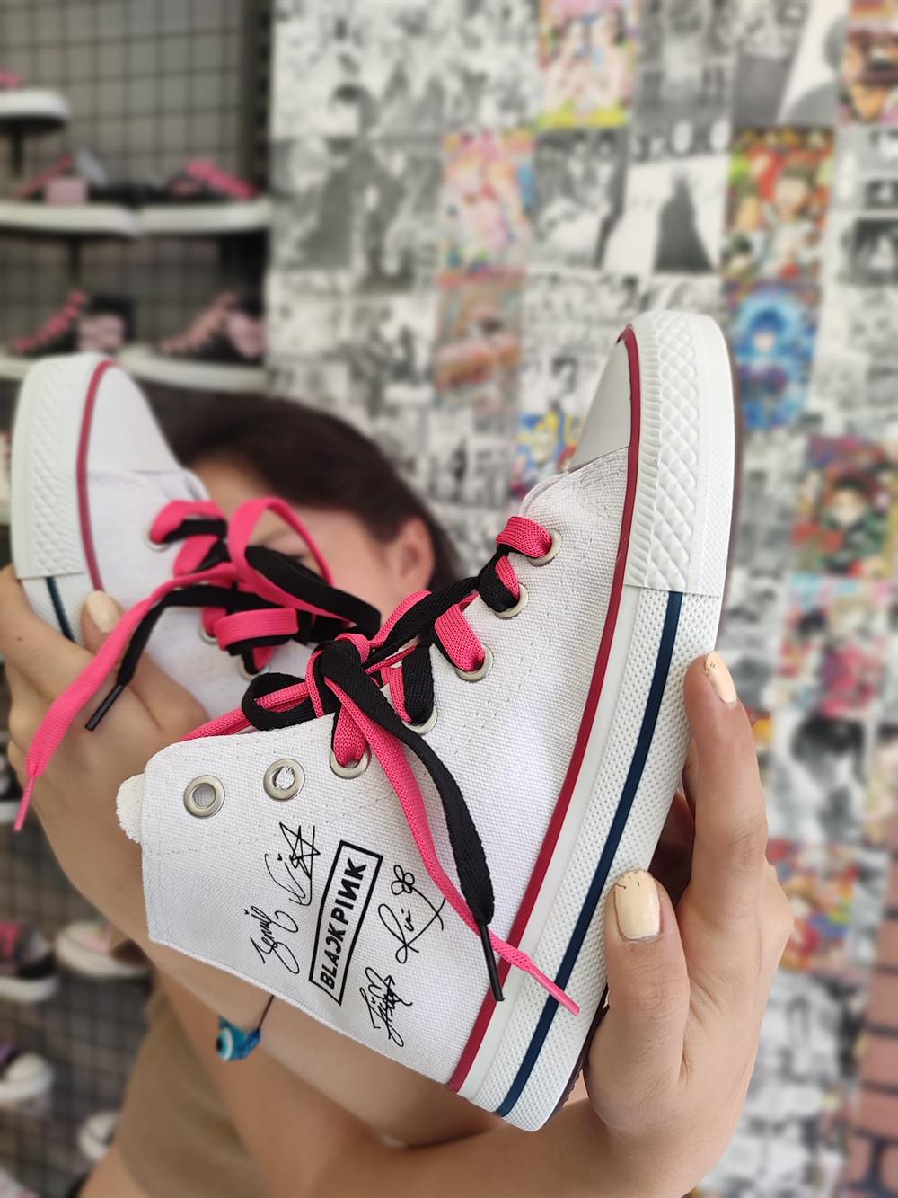 BlackPink Baskılı Beyaz Bağcıklı Bilekli Spor Ayakkabı Sneaker