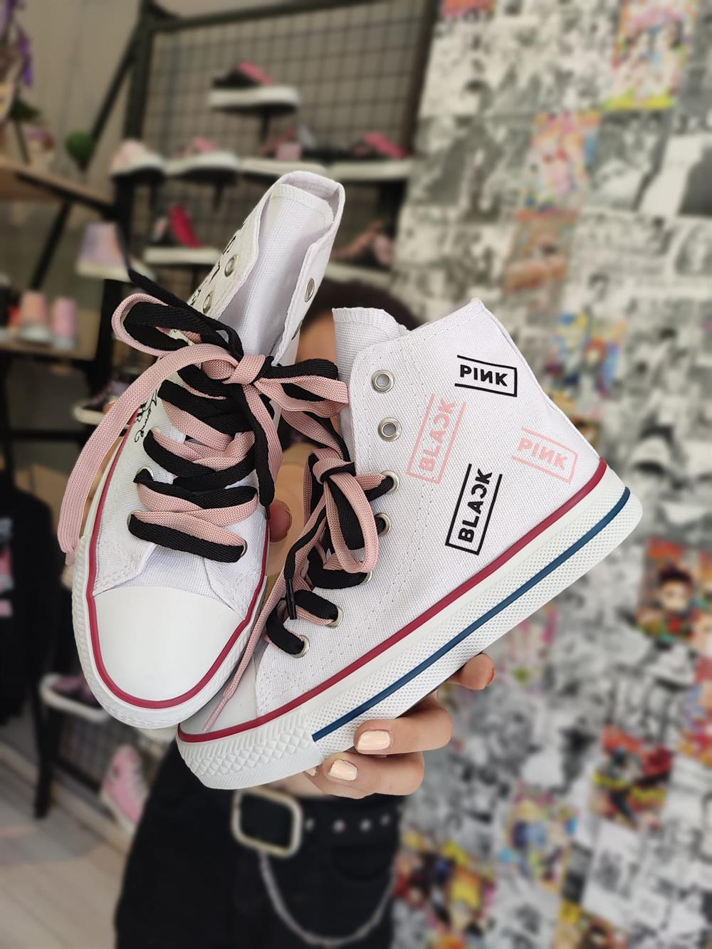 BlackPink Baskılı Beyaz Grup Üyeleri Bağcıklı Bilekli Spor Ayakkabı Sneaker