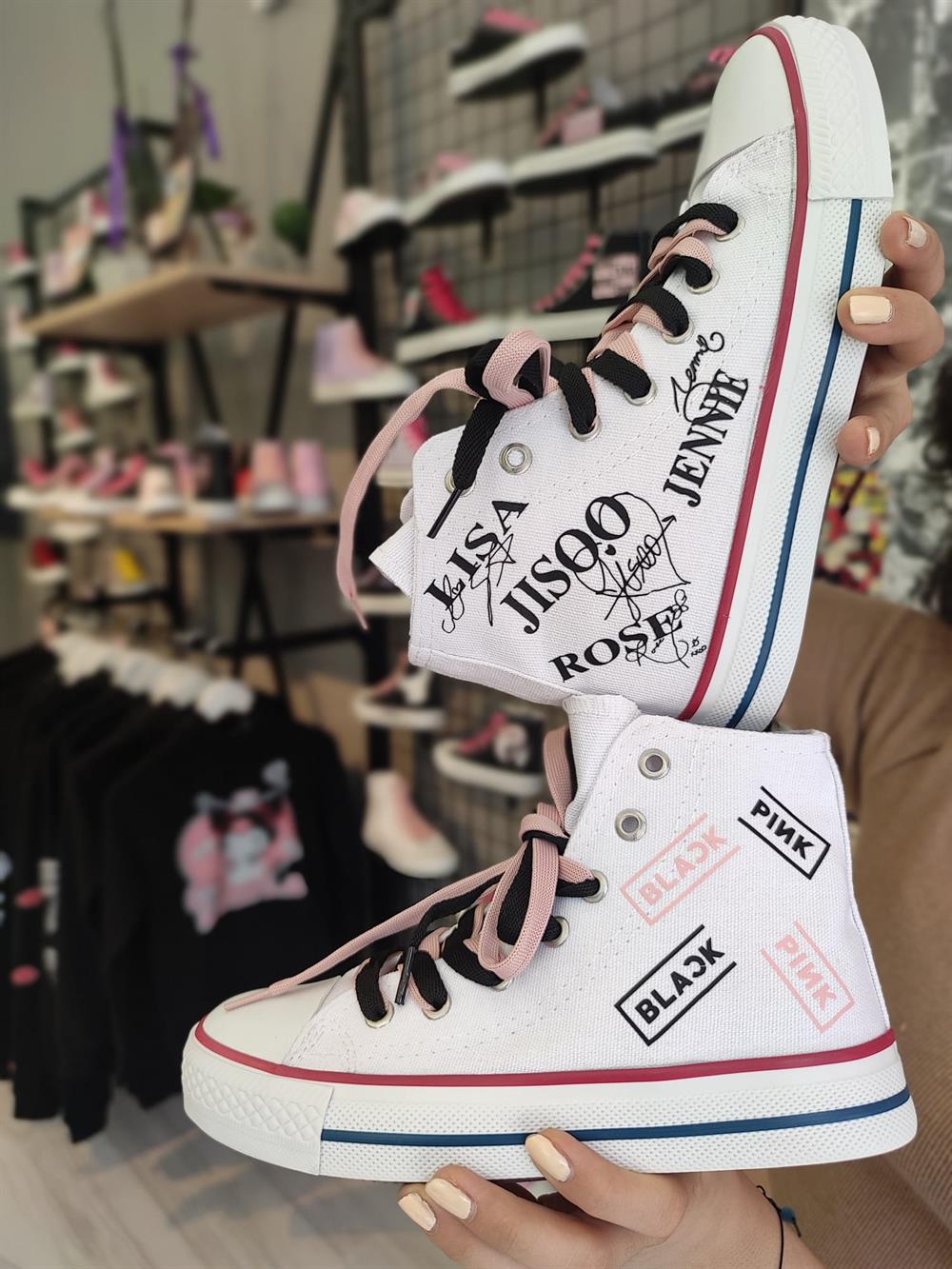 BlackPink Baskılı Beyaz Grup Üyeleri Bağcıklı Bilekli Spor Ayakkabı Sneaker