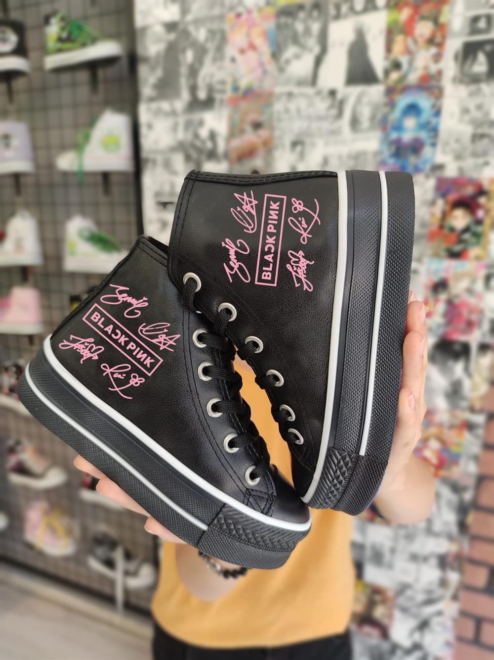 Blackpink Baskılı Deri Yüksek Şeffaf Taban Bilekli Spor Ayakkabı Sneaker