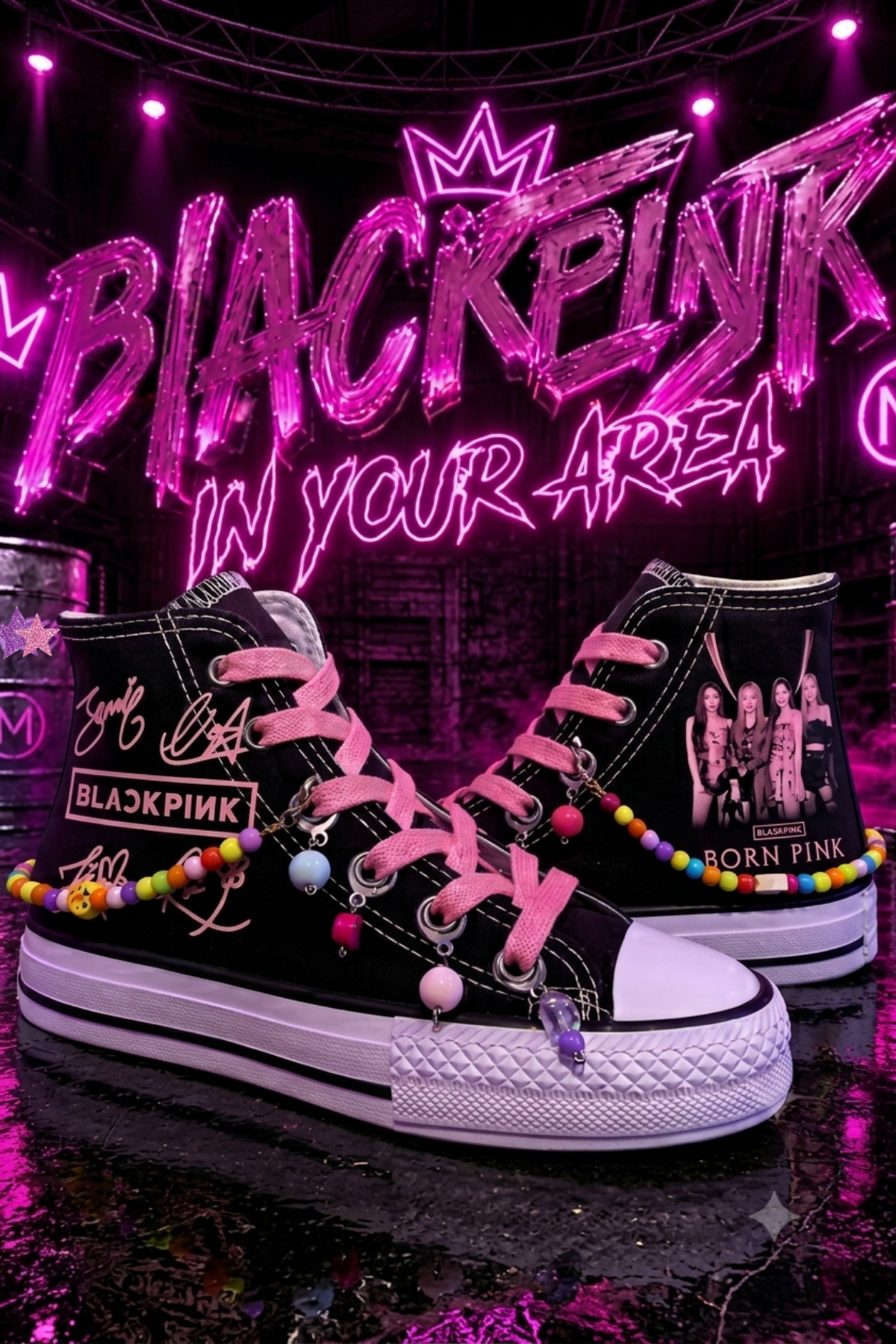 Blackpink Baskılı Siyah Boncuk ve Halhallı Bilekli Spor Ayakkabı Sneaker 
