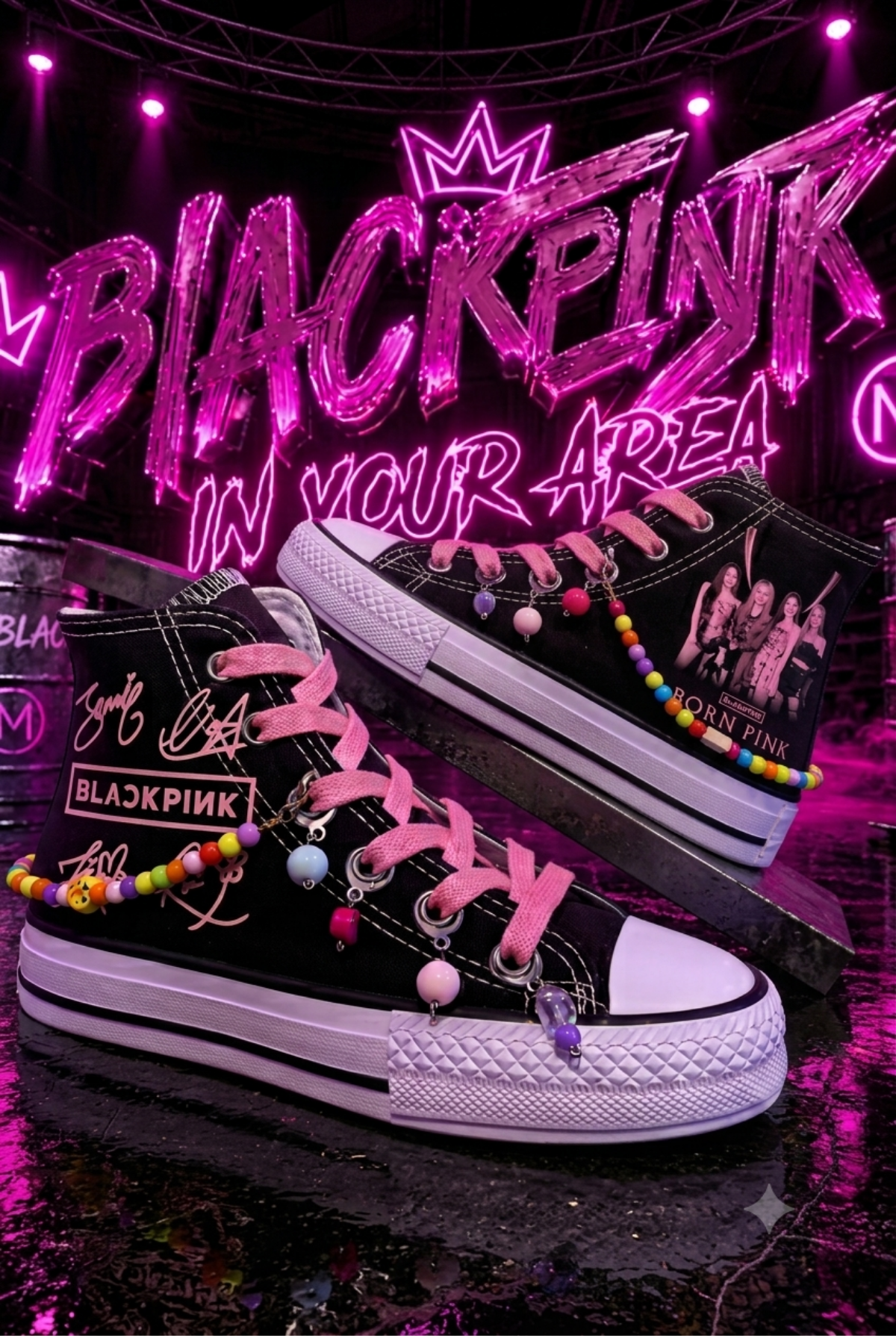 Blackpink Baskılı Siyah Boncuk ve Halhallı Bilekli Spor Ayakkabı Sneaker 