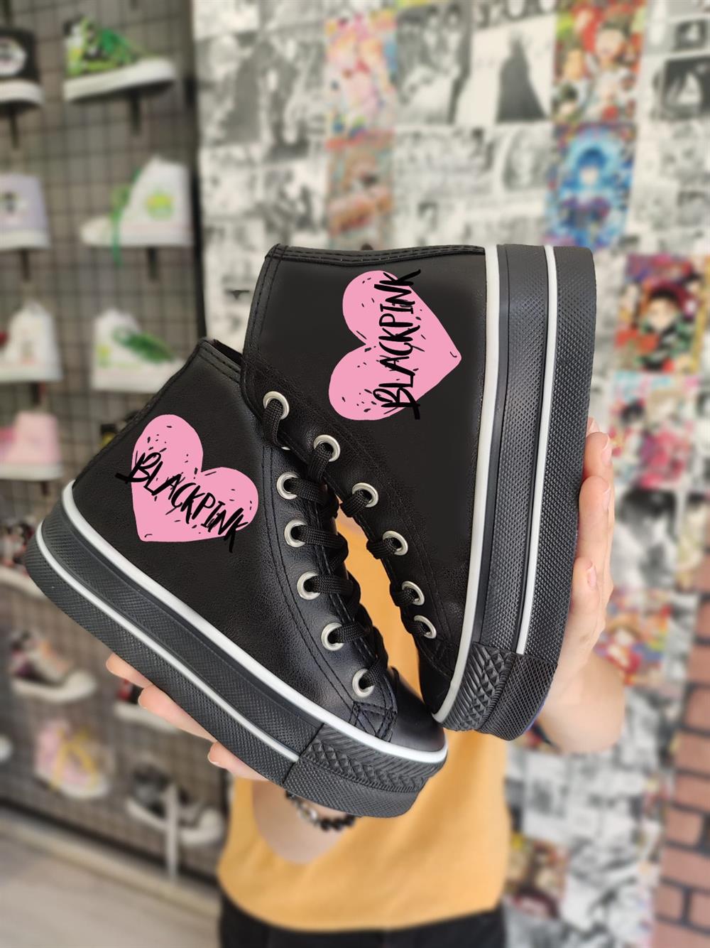 Blackpink Kalp Baskılı Deri Yüksek Şeffaf Taban Bilekli Spor Ayakkabı Sneaker