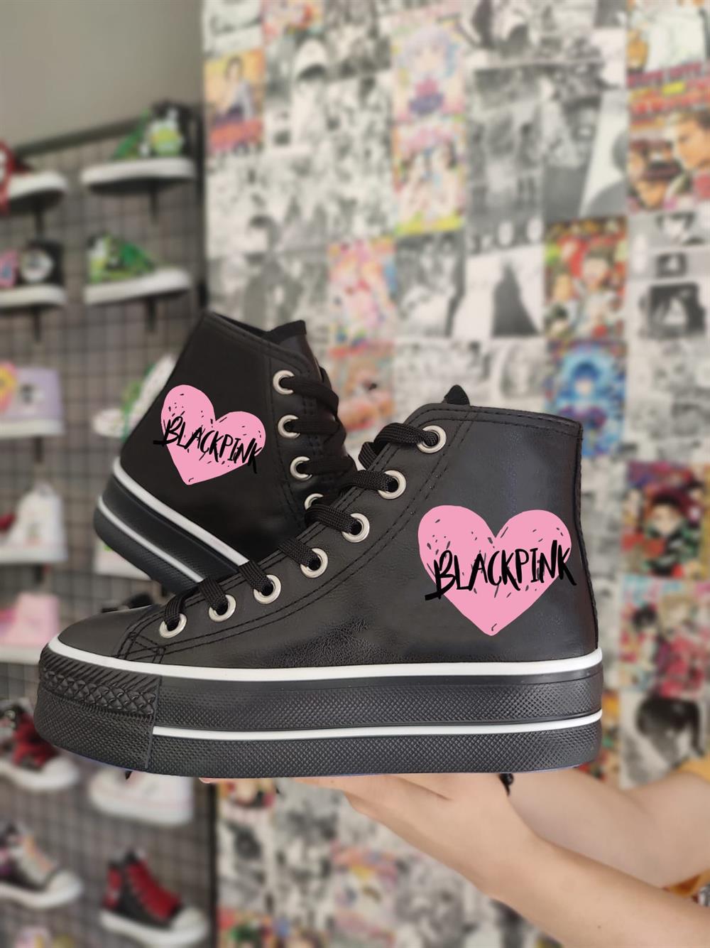 Blackpink Kalp Baskılı Deri Yüksek Şeffaf Taban Bilekli Spor Ayakkabı Sneaker