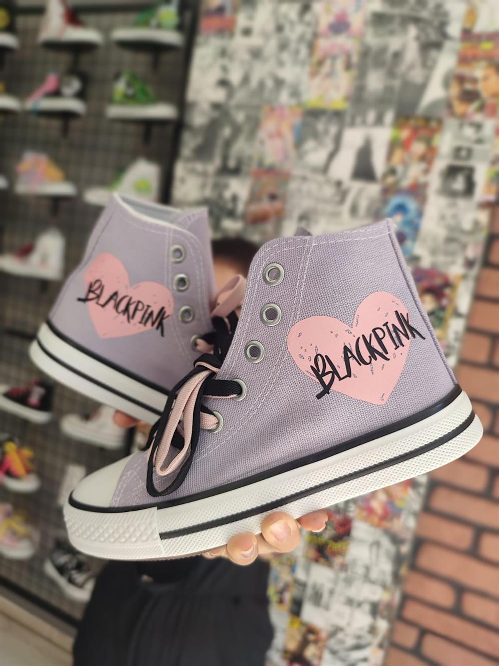 Blackpink Kalp Baskılı Lila Bilekli Spor Ayakkabı Sneaer(3 çift bağcıklı)
