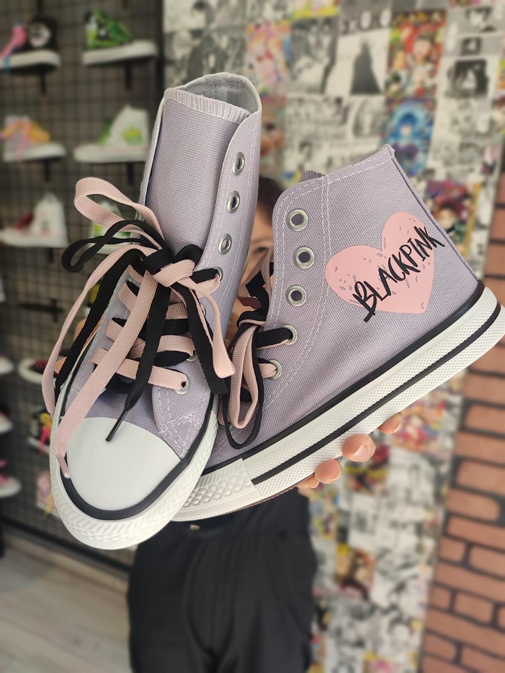 Blackpink Kalp Baskılı Lila Bilekli Spor Ayakkabı Sneaer(3 çift bağcıklı)