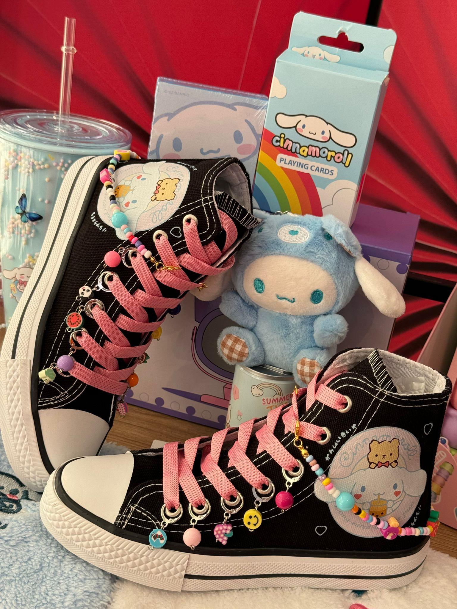 Cinnamoroll Baskılı Siyah Boncuk Ve HalHal Süslemeli Spor Ayakkabı Sneaker 