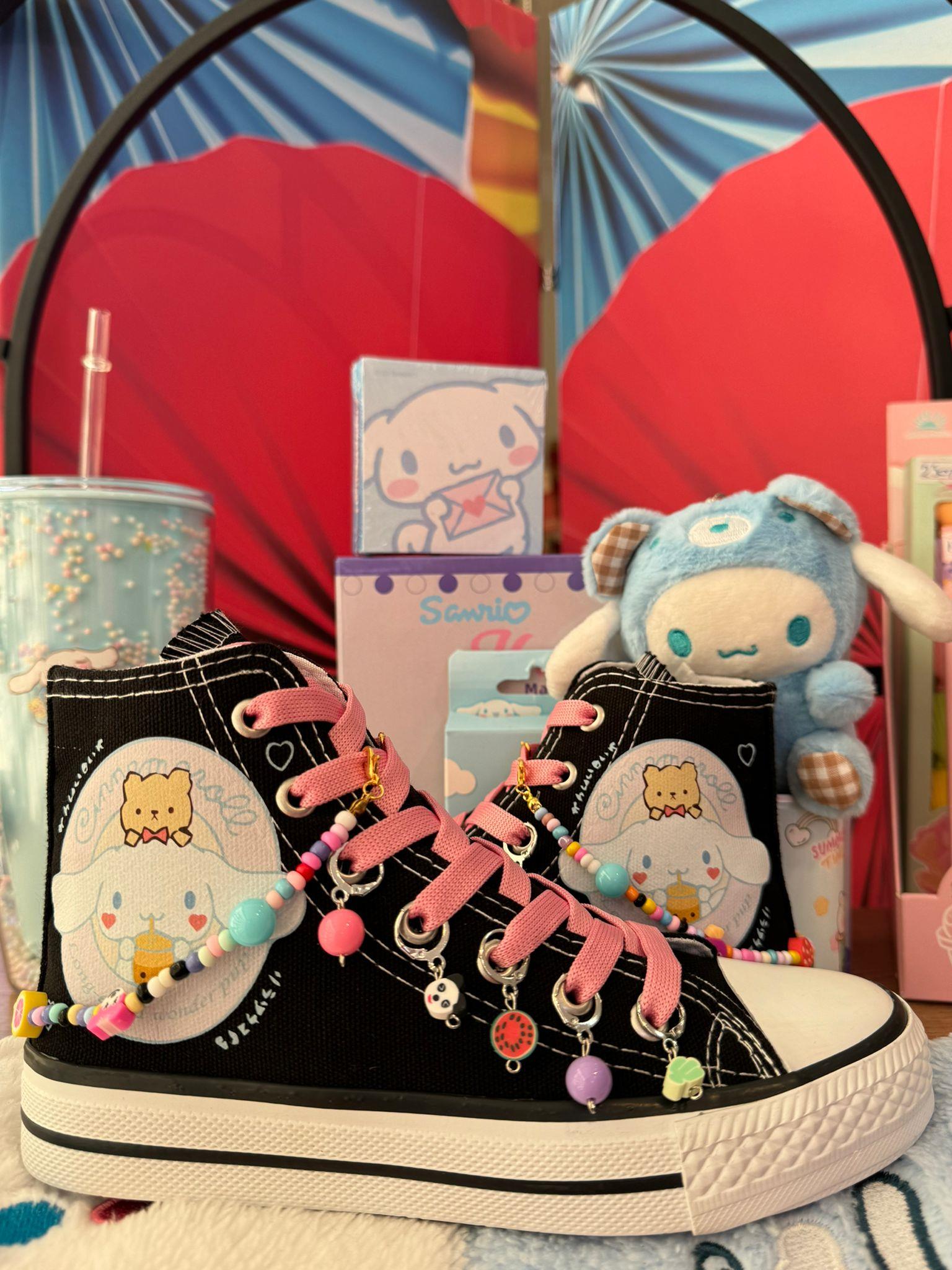 Cinnamoroll Baskılı Siyah Boncuk Ve HalHal Süslemeli Spor Ayakkabı Sneaker 