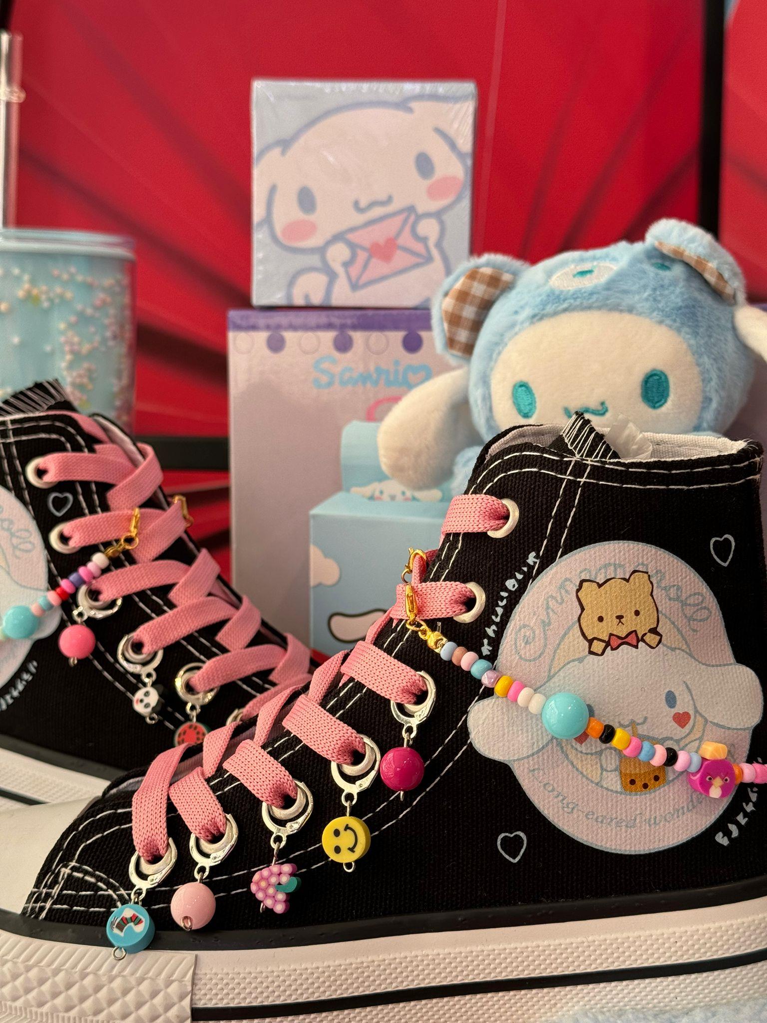 Cinnamoroll Baskılı Siyah Boncuk Ve HalHal Süslemeli Spor Ayakkabı Sneaker 
