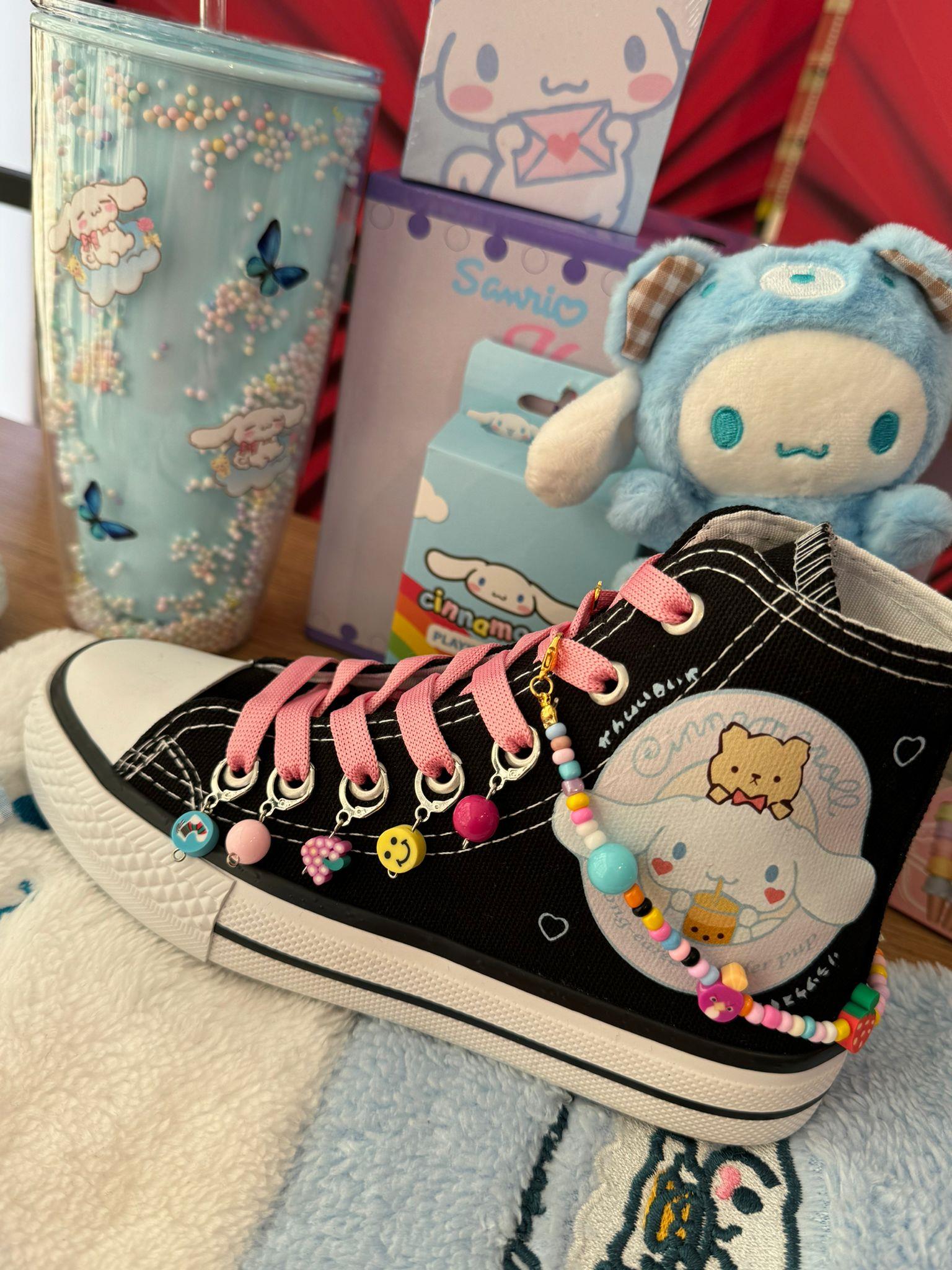 Cinnamoroll Baskılı Siyah Boncuk Ve HalHal Süslemeli Spor Ayakkabı Sneaker 