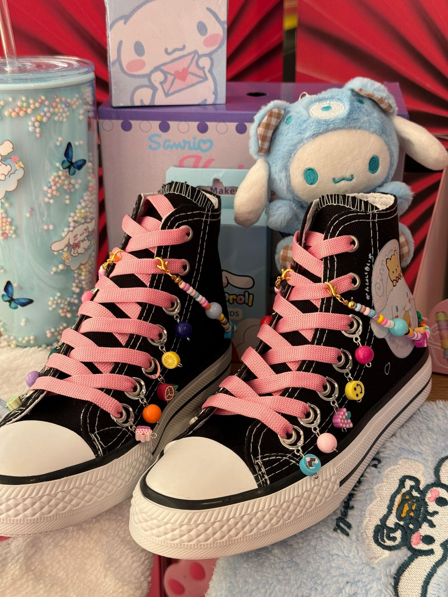 Cinnamoroll Baskılı Siyah Boncuk Ve HalHal Süslemeli Spor Ayakkabı Sneaker 