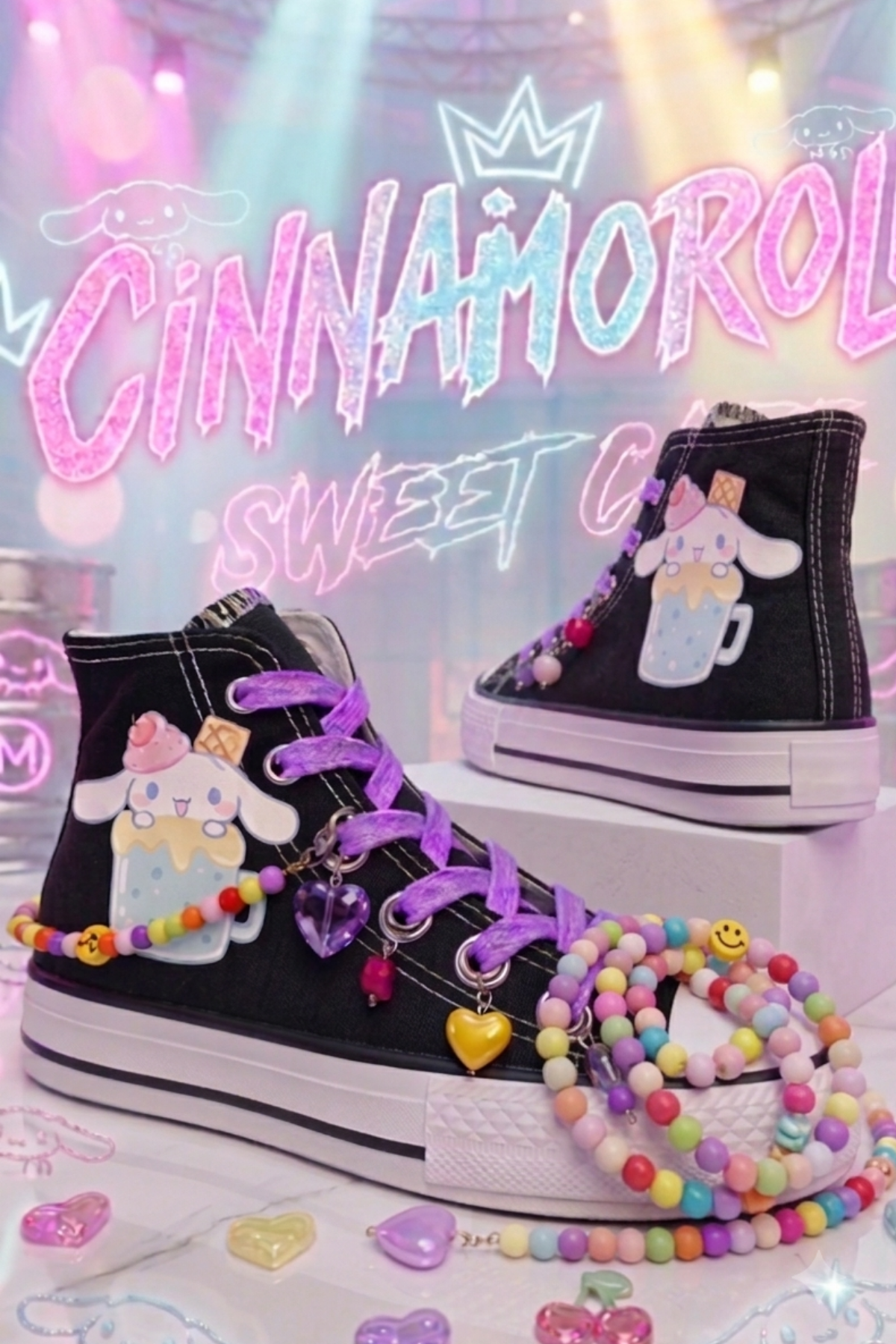 Cinnamoroll Buble Baskılı Siyah Boncuk ve Halhallı Bilekli Spor Ayakkabı Sneaker 