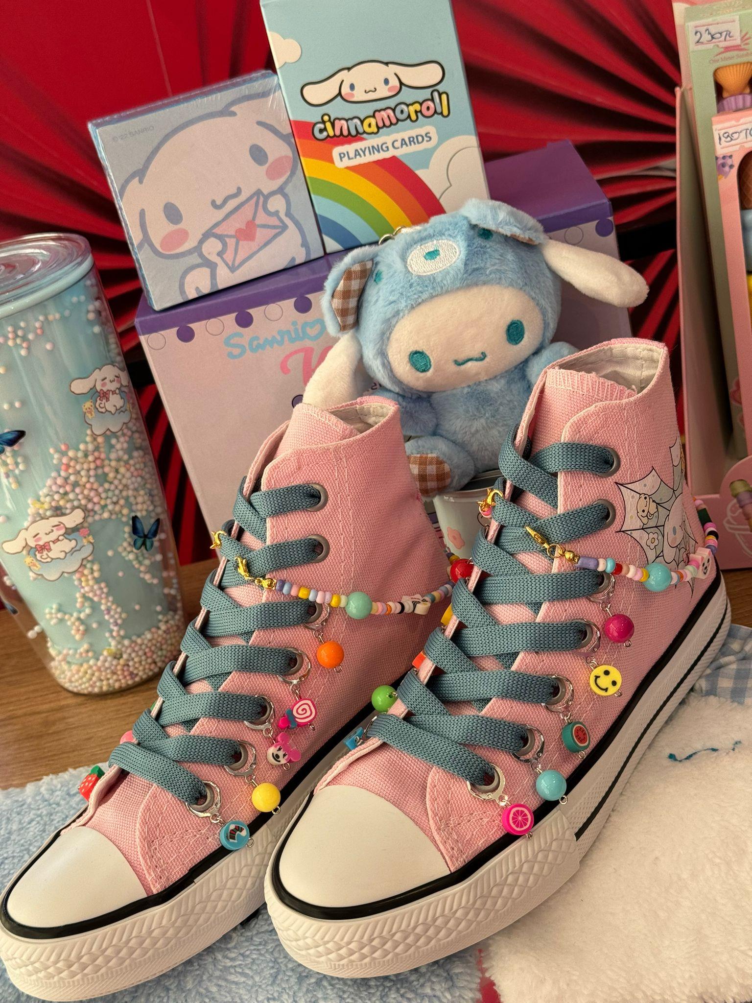 Cinnarmoroll Örümcek Ağ Baskılı Pembe Boncuk Ve Halhal Süslemeli Spor Ayakkabı Sneaker