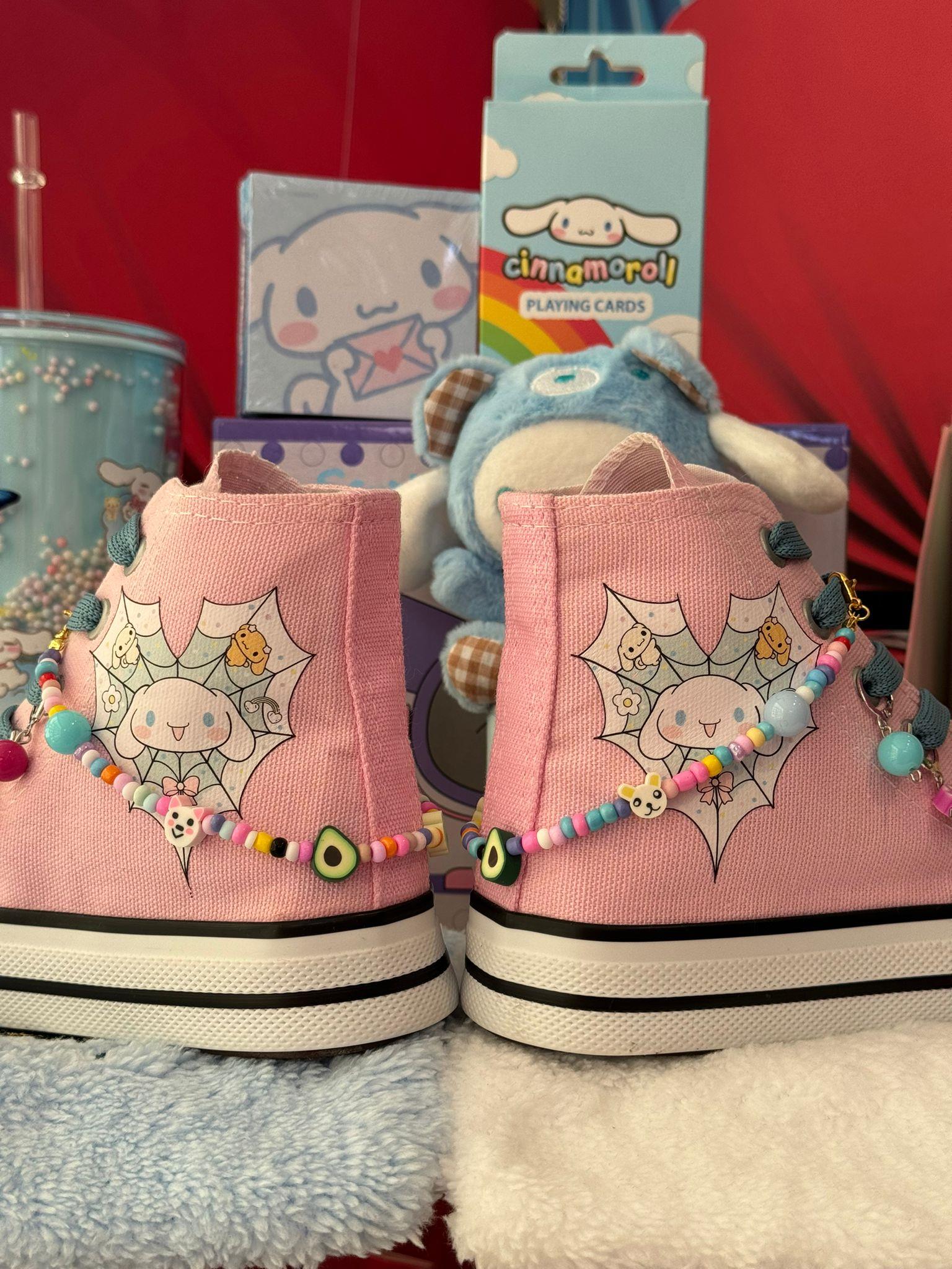 Cinnarmoroll Örümcek Ağ Baskılı Pembe Boncuk Ve Halhal Süslemeli Spor Ayakkabı Sneaker