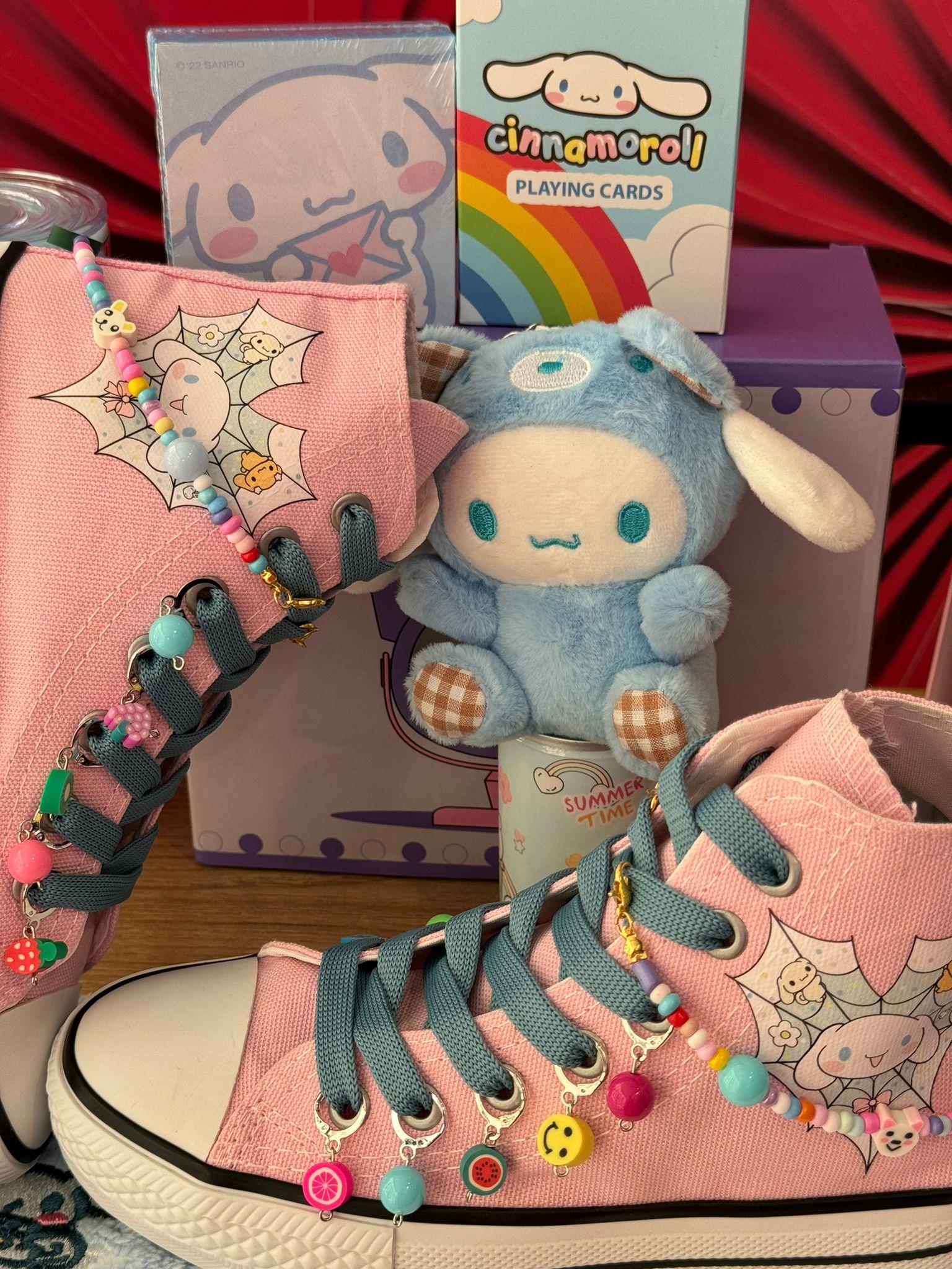 Cinnarmoroll Örümcek Ağ Baskılı Pembe Boncuk Ve Halhal Süslemeli Spor Ayakkabı Sneaker