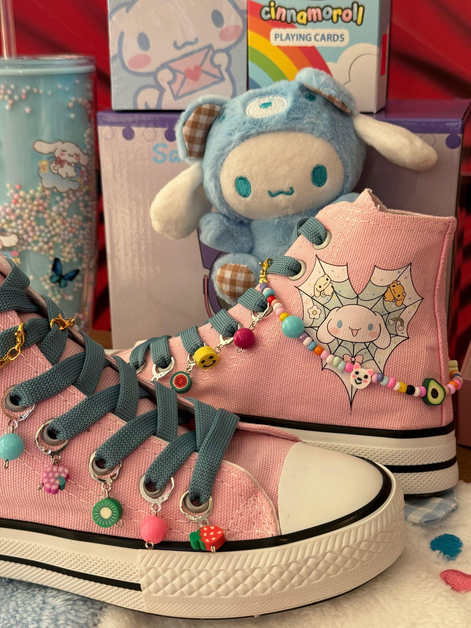Cinnarmoroll Örümcek Ağ Baskılı Pembe Boncuk Ve Halhal Süslemeli Spor Ayakkabı Sneaker