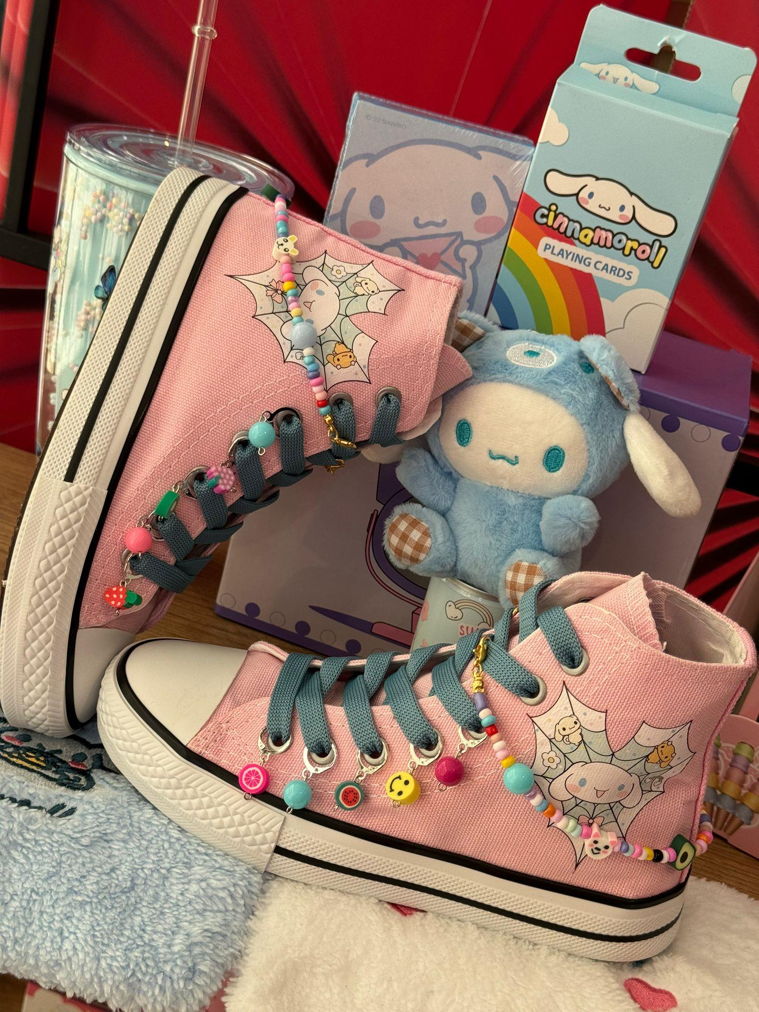 Cinnarmoroll Örümcek Ağ Baskılı Pembe Boncuk Ve Halhal Süslemeli Spor Ayakkabı Sneaker