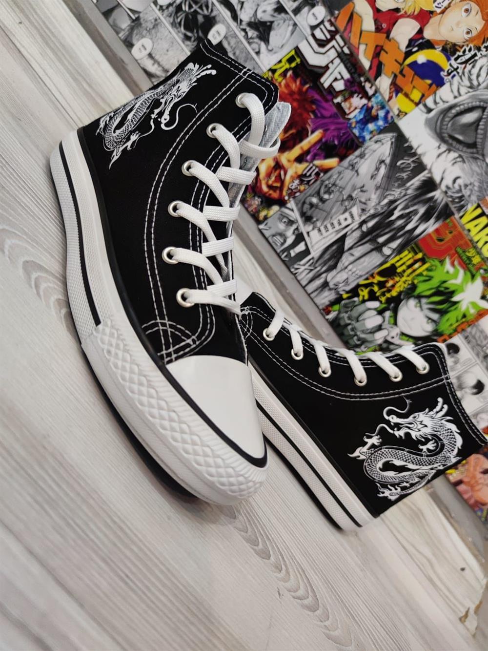 Dragon Baskılı Siyah Unisex Spor Ayakkabı Sneakers