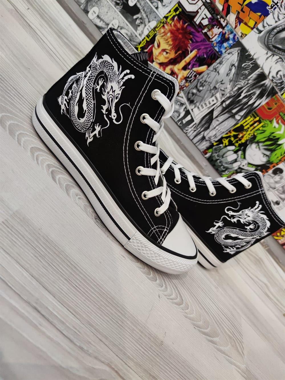 Dragon Baskılı Siyah Unisex Spor Ayakkabı Sneakers