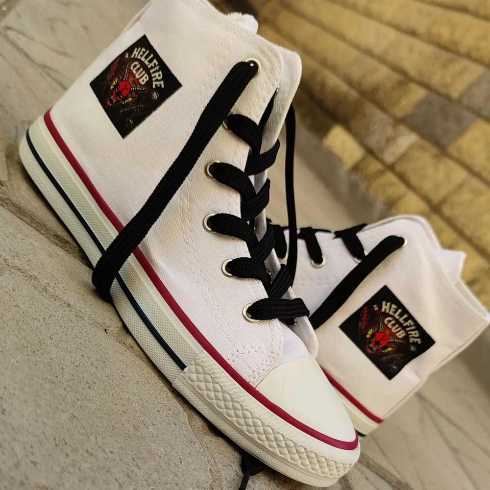 Hellfire Baskılı Günlük Erkek-Kadın Spor Ayakkabı Beyaz Bağcıklı Keten Sneaker