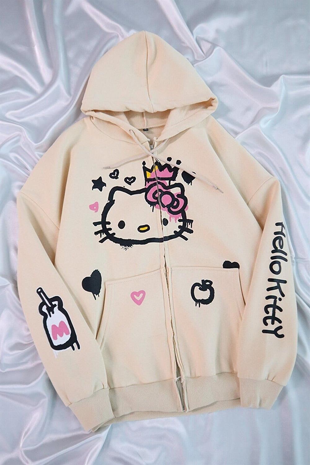 Hello Kitty Graffiti Bej Fermuarlı Kapüşonlu Hırka