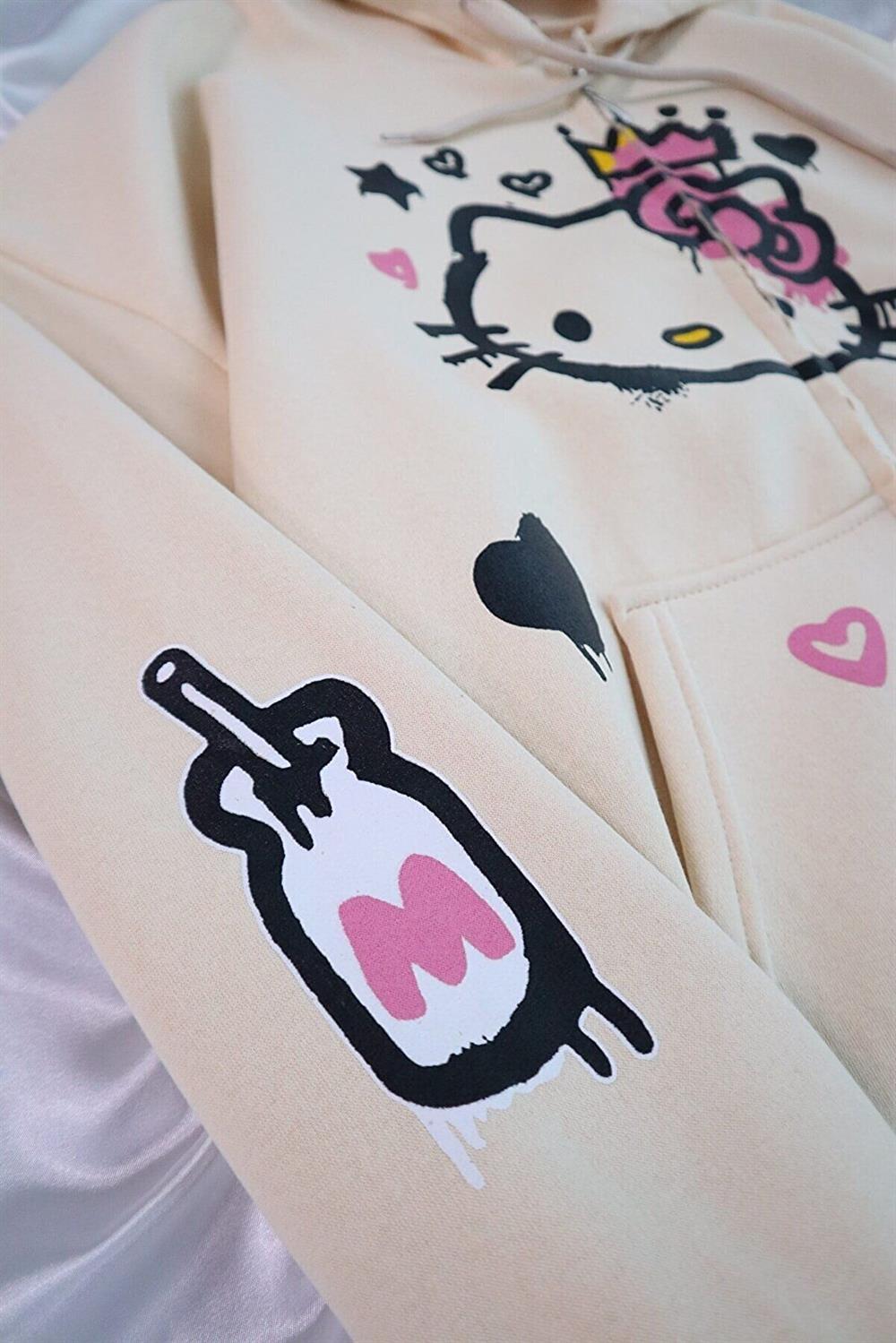 Hello Kitty Graffiti Bej Fermuarlı Kapüşonlu Hırka